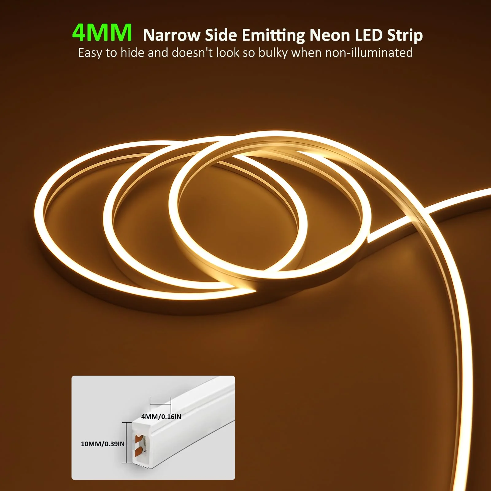 JOYLIT 4MM Wide Neon LED Strip Lights 24V Outdoor Waterproof, 16.8FT/5M 3000K Warm White 168LEDs/M Uniform Glow Neon Rope Light, Flexible Strip Lights for RV, Patio, Bathroom, DIY (No Power Supply) 4x10MM - Image 2