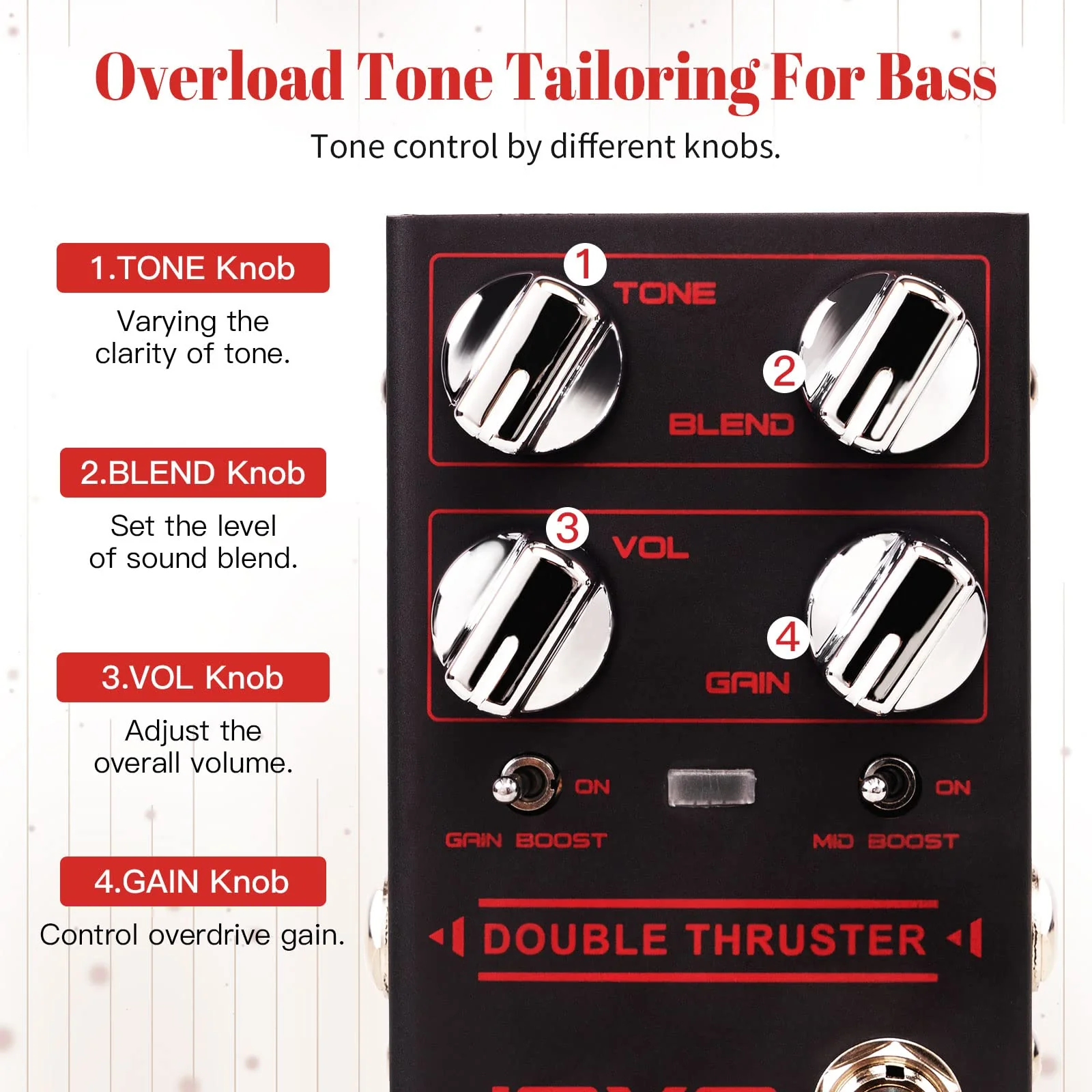 JOYO Bass Guitar Pedals High Gain Overdrive Effect Pedal with Independent Mid Frequency and Gain Boost for Bassist Electric Guitar Bass (DOUBLE THRUSTER R-28) Bass,Overdrive Brown - Image 2
