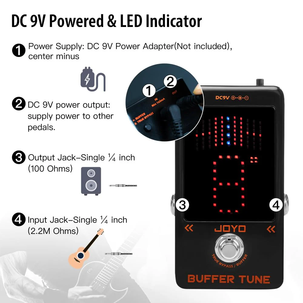 JOYO Buffer Tuner Pedal Built-in Buffer with Accurate Tuning and LED Screen for Electric Bass Guitar Effects (Buffer Tune JF-19) Buffer,Tuner Black - Image 5
