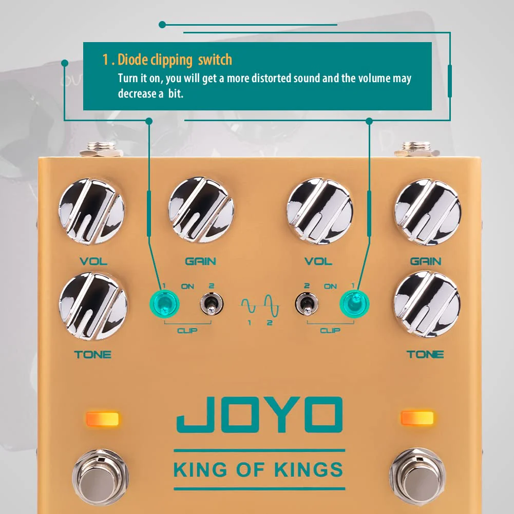JOYO Dual Crunch Pure Analog Circuit Overdrive Effect Pedal with Independent Clipping for Electric Guitar - True Bypass (King of Kings R-20) Overdrive,Crunch,Analog Gold - Image 4
