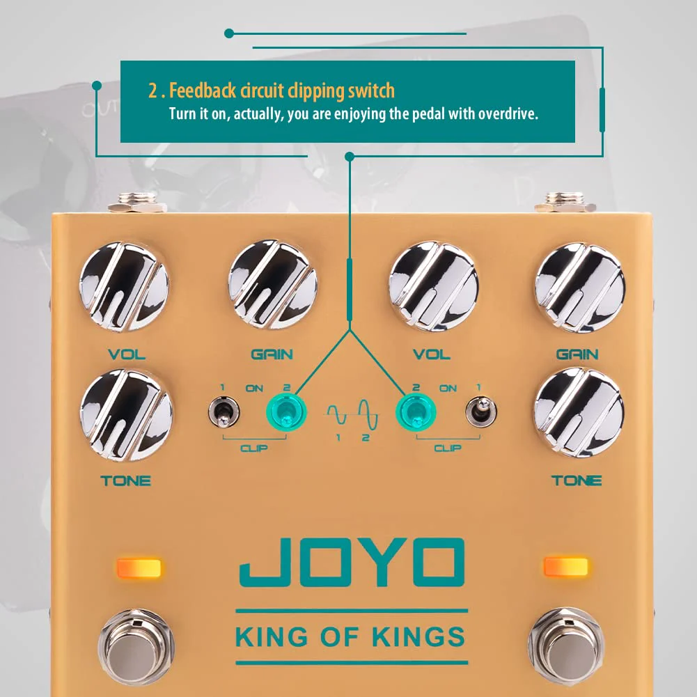 JOYO Dual Crunch Pure Analog Circuit Overdrive Effect Pedal with Independent Clipping for Electric Guitar - True Bypass (King of Kings R-20) Overdrive,Crunch,Analog Gold - Image 5
