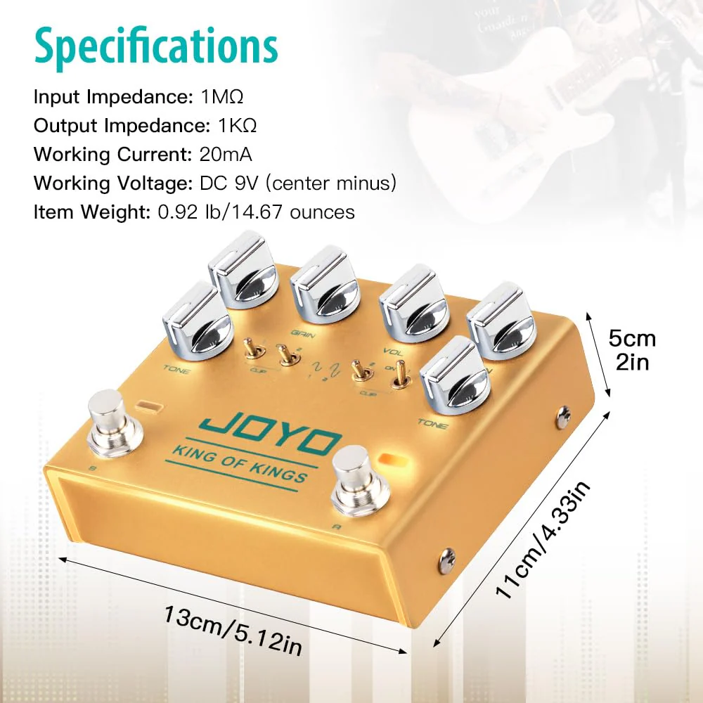 JOYO Dual Crunch Pure Analog Circuit Overdrive Effect Pedal with Independent Clipping for Electric Guitar - True Bypass (King of Kings R-20) Overdrive,Crunch,Analog Gold - Image 6