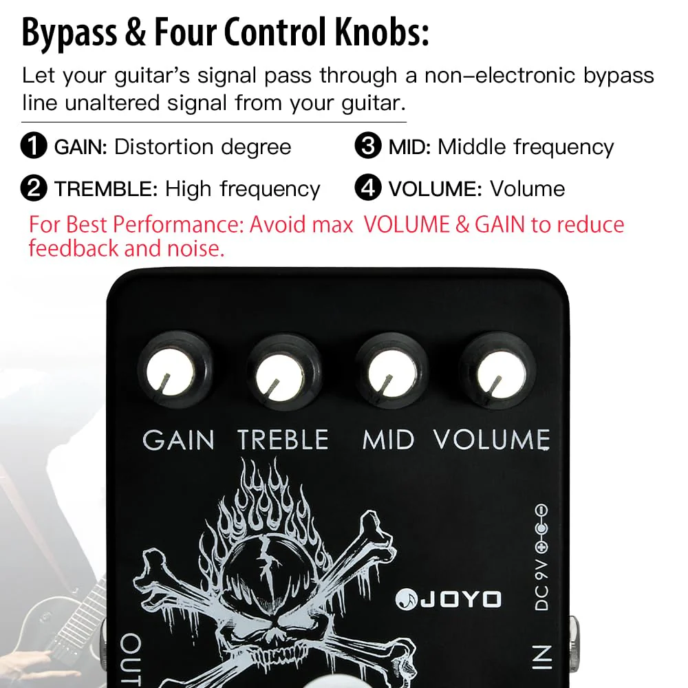 JOYO High Gain Distortion Pedal from AC/DC Crunch to Heavy Metal with Full Range EQ for Electric Guitar Effect - Bypass (JF-04) Black - Image 4