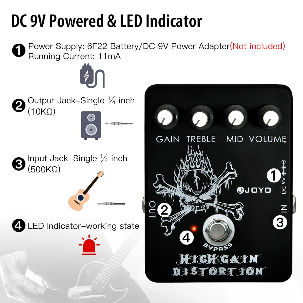 JOYO High Gain Distortion Pedal from AC/DC Crunch to Heavy Metal with Full Range EQ for Electric Guitar Effect - Bypass (JF-04) Black - Image 6