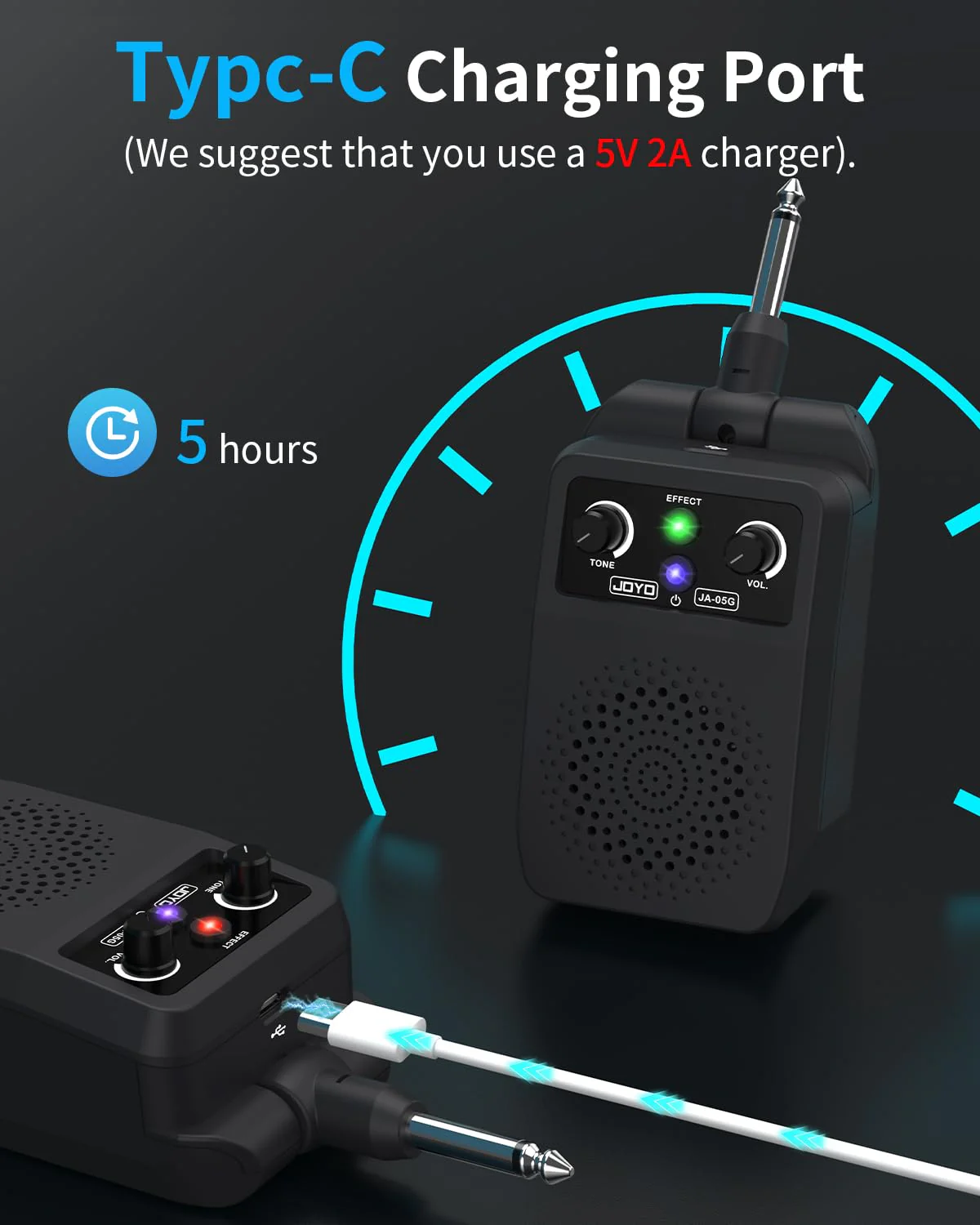 JOYO Mini Guitar Amp 5W Portable - Rechargeable Bluetooth Combo Amplifier with Built-in Effects (Clean, Overdrive, Distortion, Reverb) Compact Practice Amp for Electric Guitar Plug in, Black (JA-05G) - Image 5