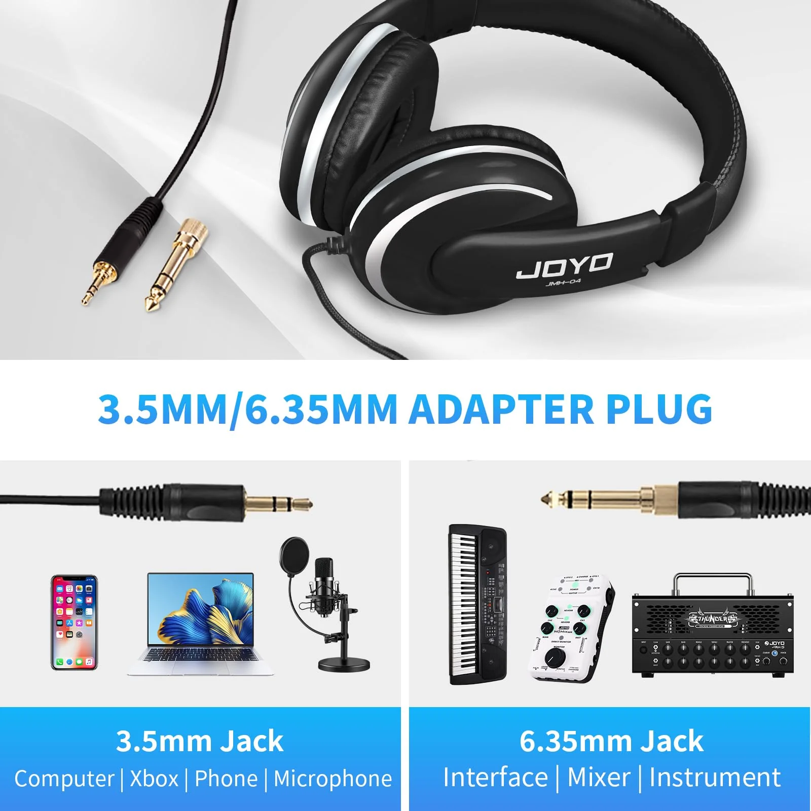 JOYO Over Ear Headphones Wired Studio Headphones with 1/4 to 3.5mm Jack for Guitar Amplifier Keyboard Recording Podcast DJ Laptop Computer (JMH-04) - Image 2
