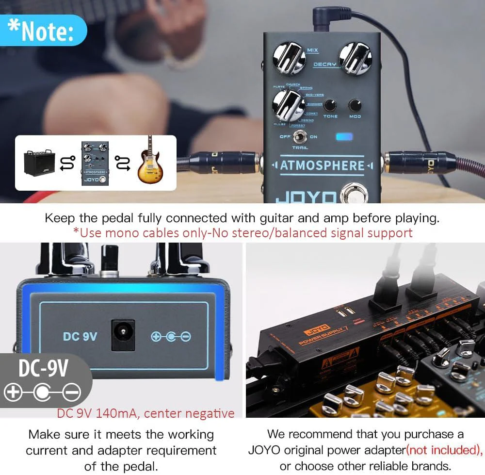 JOYO Reverb Pedal 9 Digital Reverb Types with Modulation and Trail Function for Electric Guitar Effect (Atmosphere R-14) Reverb,Modulation Blue Gray - Image 4