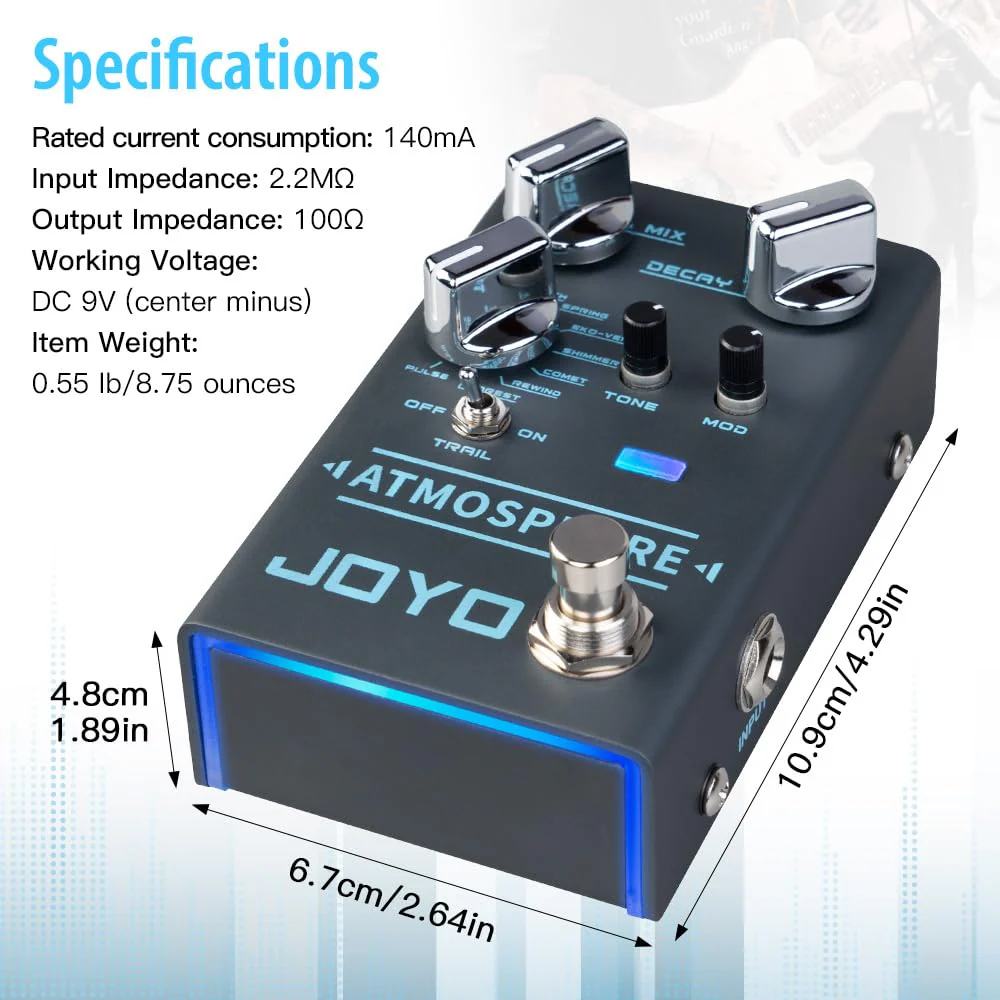 JOYO Reverb Pedal 9 Digital Reverb Types with Modulation and Trail Function for Electric Guitar Effect (Atmosphere R-14) Reverb,Modulation Blue Gray - Image 5