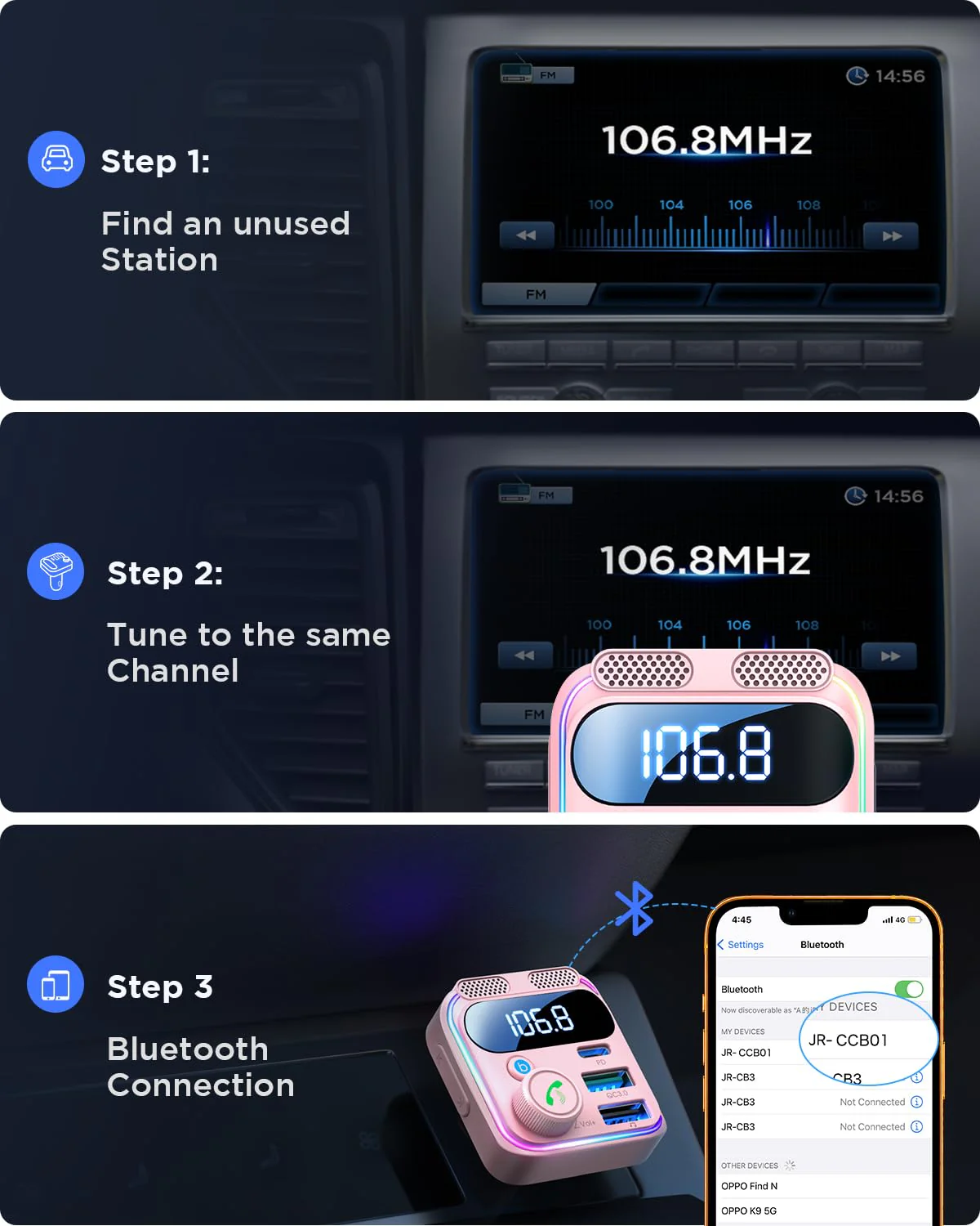 JOYROOM Bluetooth 6.0 Car Adapter FM Transmitter 81W Fast Charging Cigarette Lighter Hands-Free Calling Support USB Drive, Pink - Image 6
