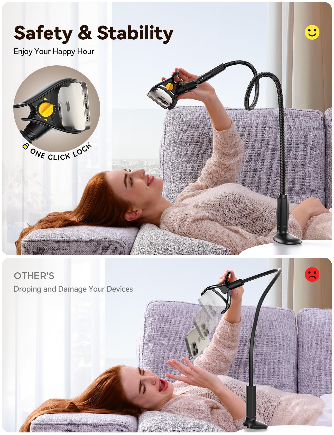 JOYROOM Gooseneck Phone Holder for Bed - [Safety Lock] & [Nylon Braid] 39.37” Flexible Long Arm Phone Stand for Desk, 720° Adjustable Overhead Phone Mount for iPhone 16, All 4-7" Devices Carbon Black - Image 2