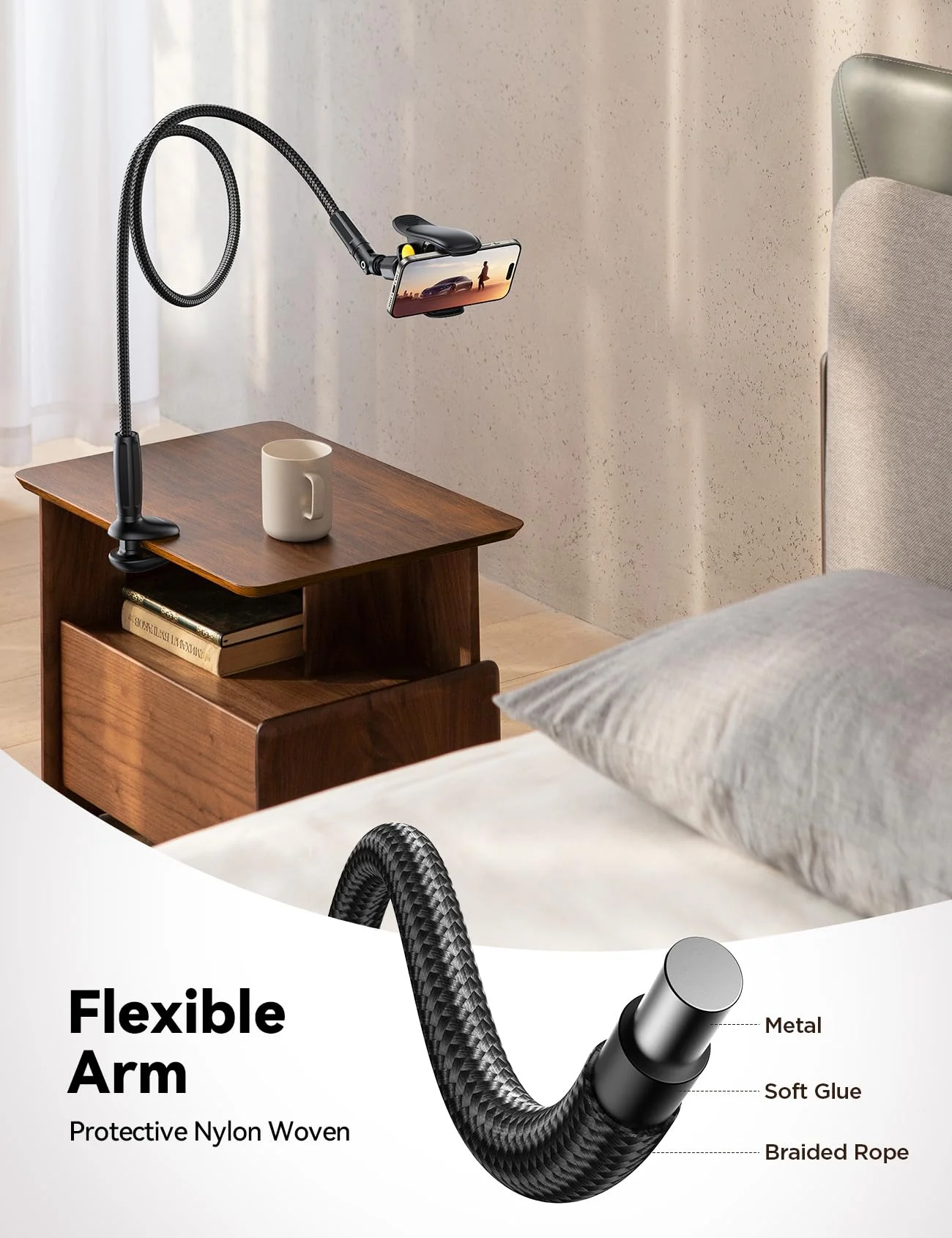 JOYROOM Gooseneck Phone Holder for Bed - [Safety Lock] & [Nylon Braid] 39.37” Flexible Long Arm Phone Stand for Desk, 720° Adjustable Overhead Phone Mount for iPhone 16, All 4-7" Devices Carbon Black - Image 4