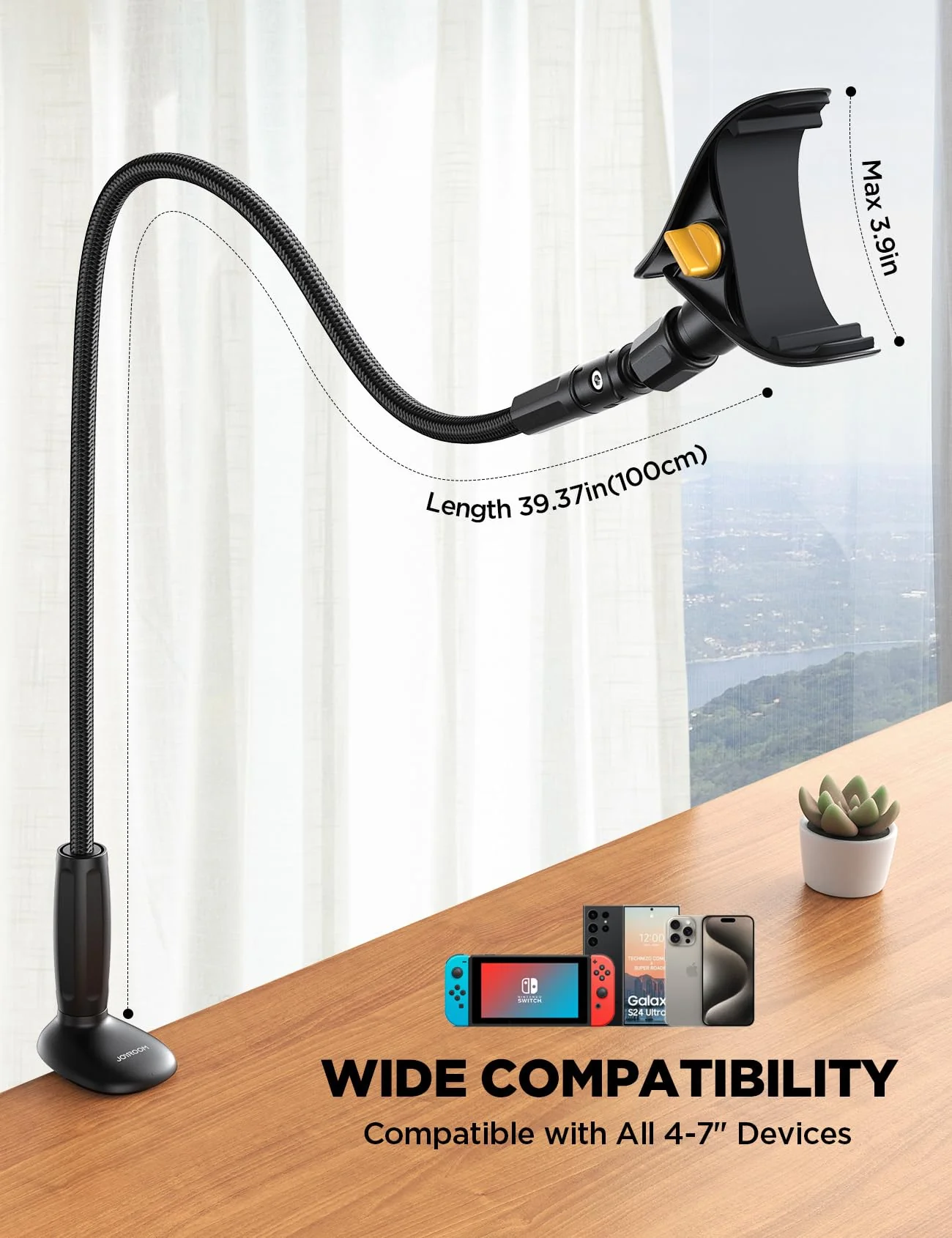 JOYROOM Gooseneck Phone Holder for Bed - [Safety Lock] & [Nylon Braid] 39.37” Flexible Long Arm Phone Stand for Desk, 720° Adjustable Overhead Phone Mount for iPhone 16, All 4-7" Devices Carbon Black - Image 5