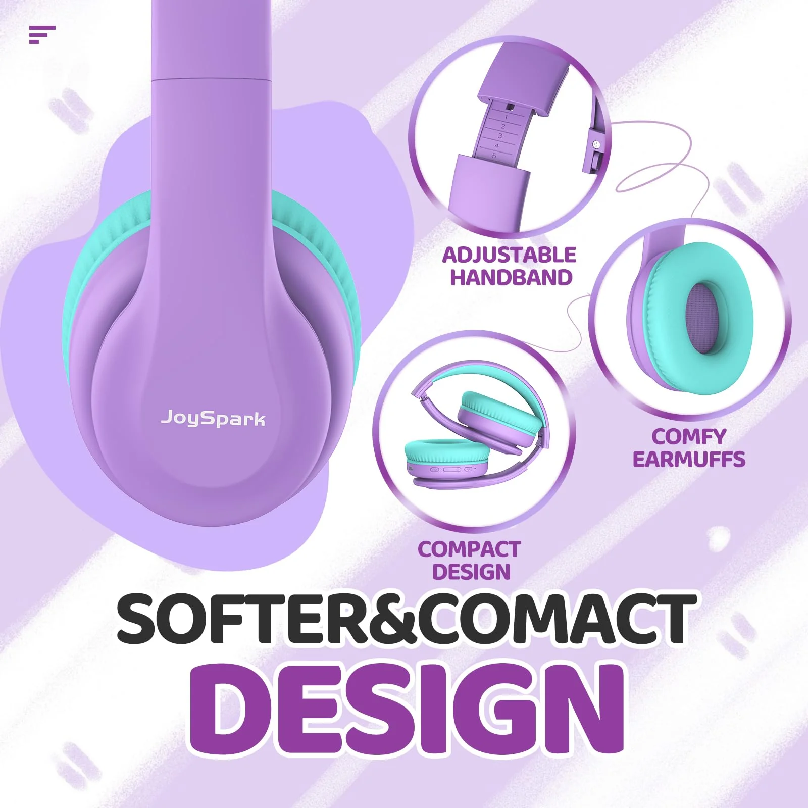 JoySpark Kids Bluetooth Headphones, Lightweight Kids Wireless Headphones for Kids, 85/94dB Volume Limited, 60 Hours Playtime, Bluetooth 5.3, Over-Ear Toddler Headphones with Built-in Mic-Purple Purple - Image 3