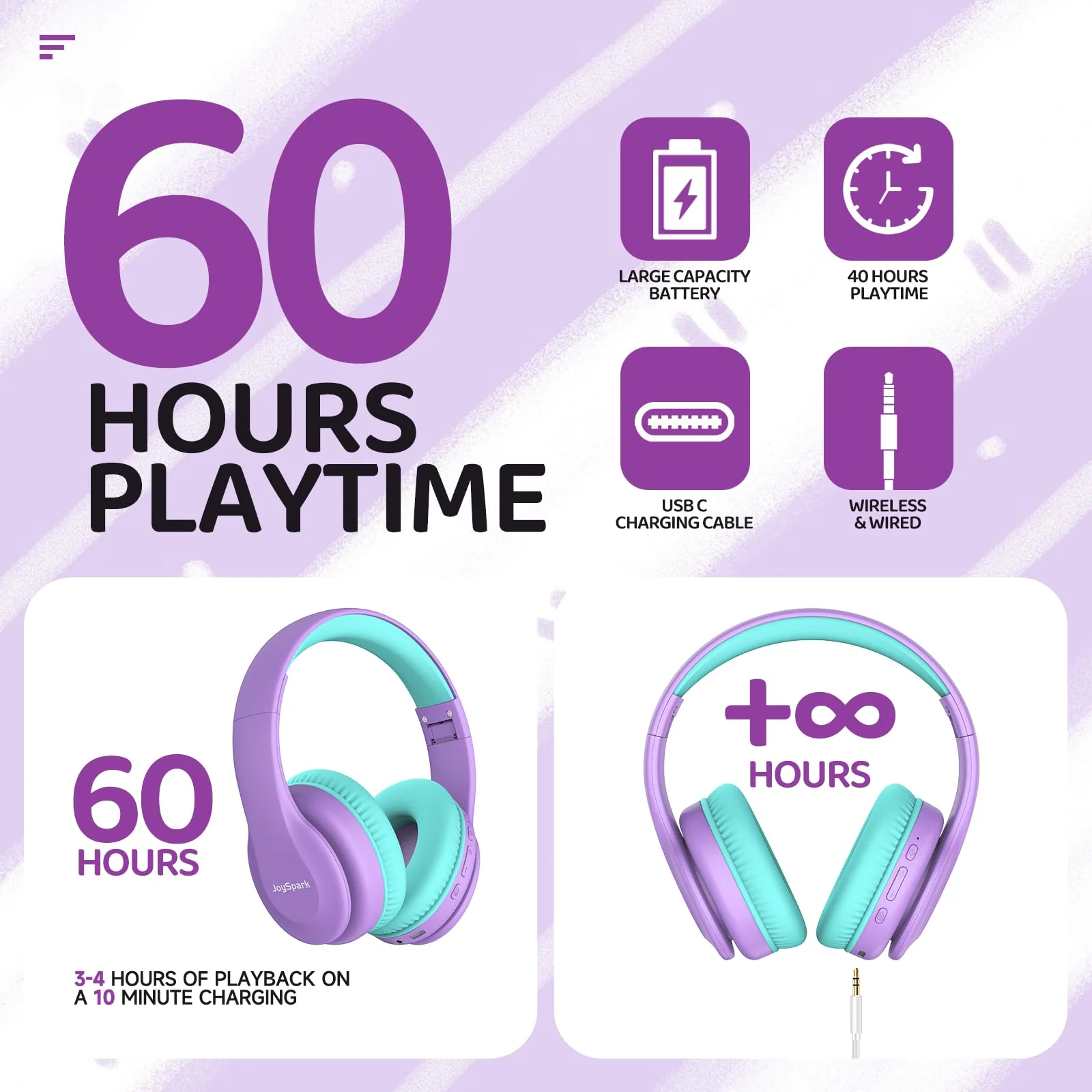 JoySpark Kids Bluetooth Headphones, Lightweight Kids Wireless Headphones for Kids, 85/94dB Volume Limited, 60 Hours Playtime, Bluetooth 5.3, Over-Ear Toddler Headphones with Built-in Mic-Purple Purple - Image 4