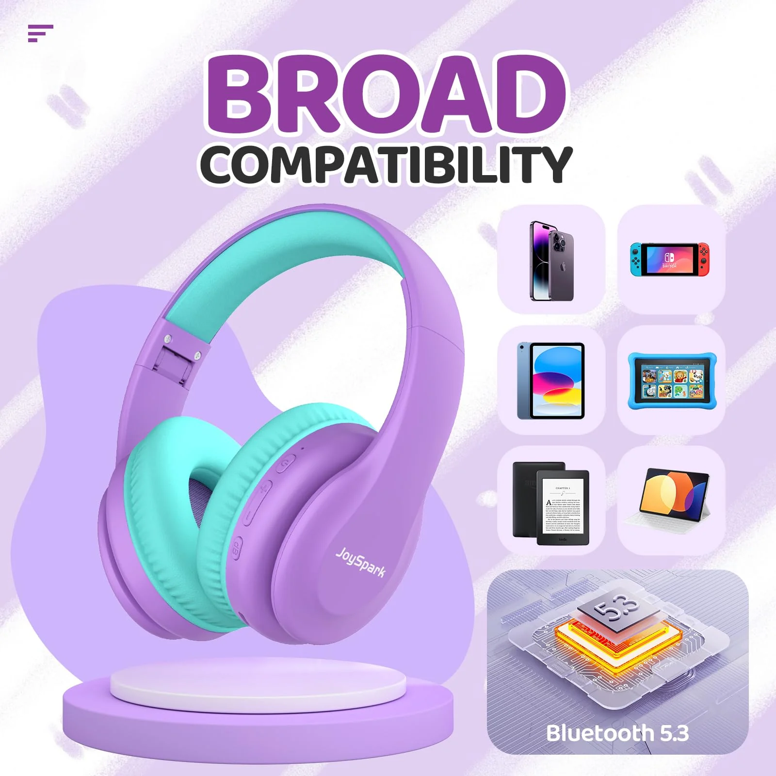 JoySpark Kids Bluetooth Headphones, Lightweight Kids Wireless Headphones for Kids, 85/94dB Volume Limited, 60 Hours Playtime, Bluetooth 5.3, Over-Ear Toddler Headphones with Built-in Mic-Purple Purple - Image 5