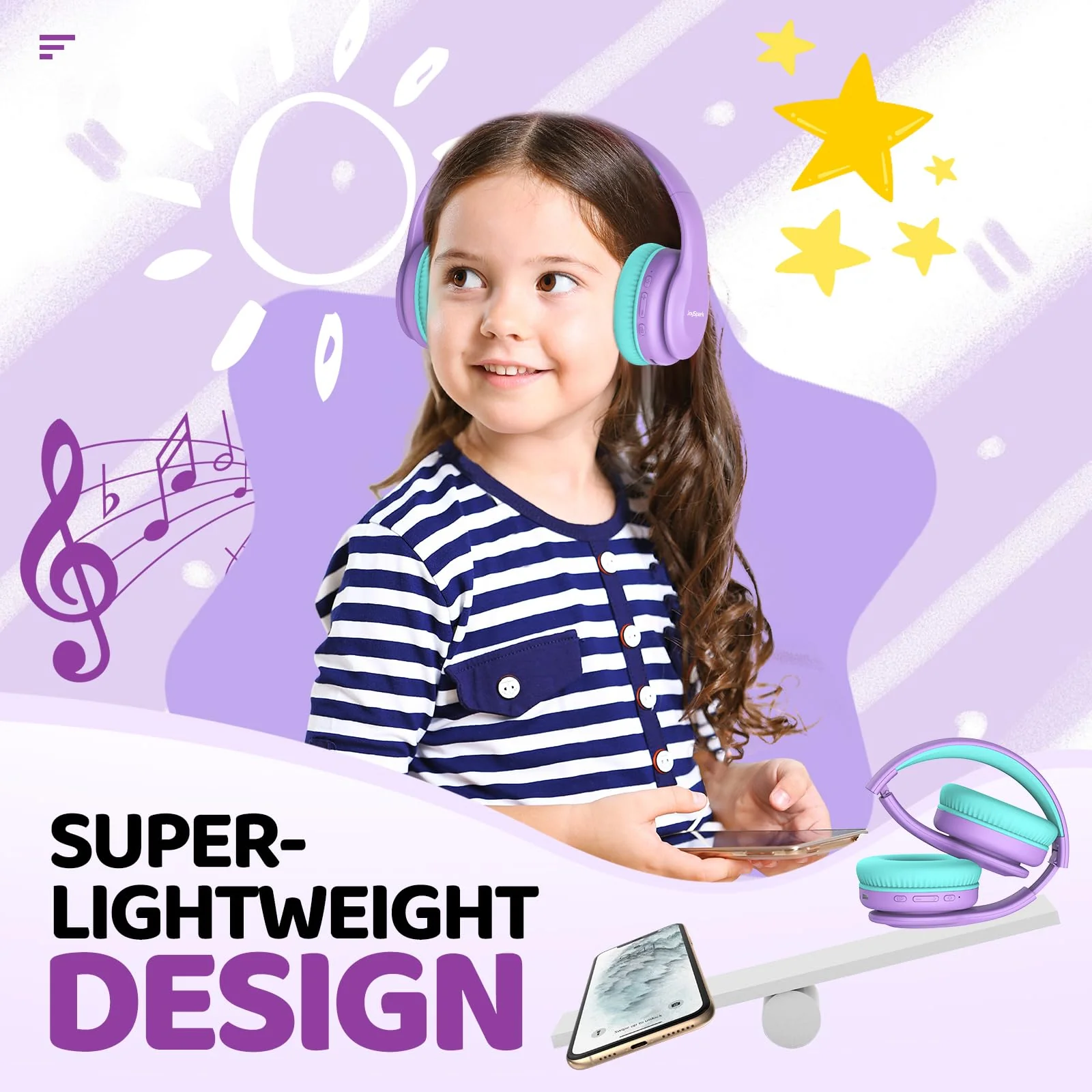 JoySpark Kids Bluetooth Headphones, Lightweight Kids Wireless Headphones for Kids, 85/94dB Volume Limited, 60 Hours Playtime, Bluetooth 5.3, Over-Ear Toddler Headphones with Built-in Mic-Purple Purple - Image 6