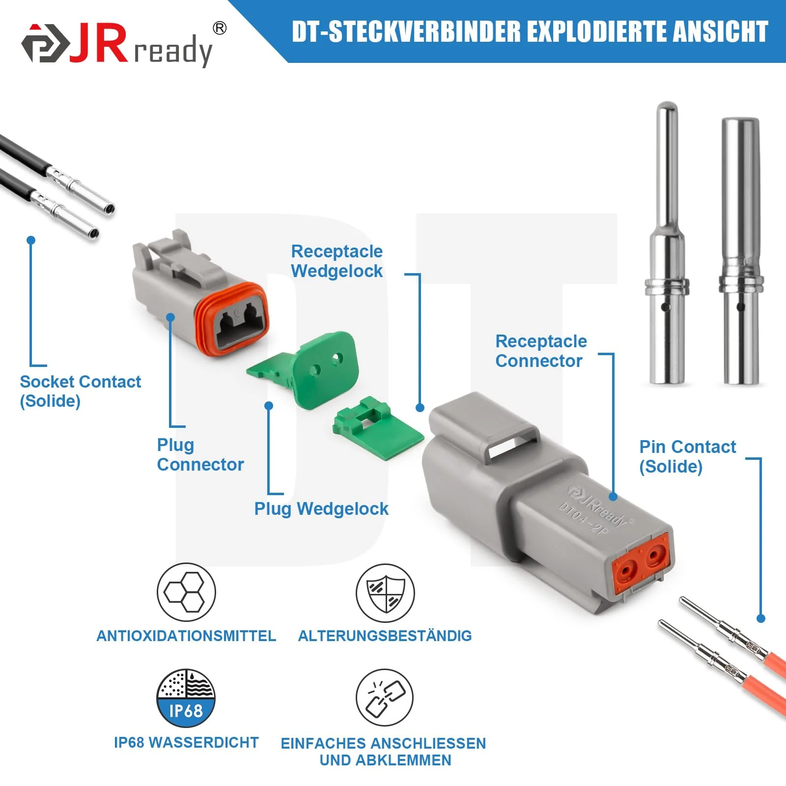 JRready German Plug 2-Pin Grey IP68 Waterproof DT Connector Set 6 Sets with German Terminal Kit Wire Gauge 16-20 AWG for Car, Motorcycle, Truck, Boat 2 Pins 6 Sätze-YK - Image 3
