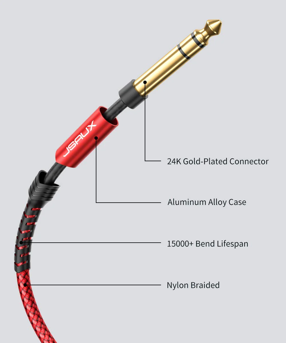 JSAUX 1/4 Inch Cable Guitar Cable 10FT, Instrument Cable 6.35mm (1/4) TRS to 6.35mm (1/4) TRS Stereo Audio Cable Male to Male Straight-to-Straight for Electric Guitar, Bass, Mandolin - Red 3M Straight-Red - Image 3