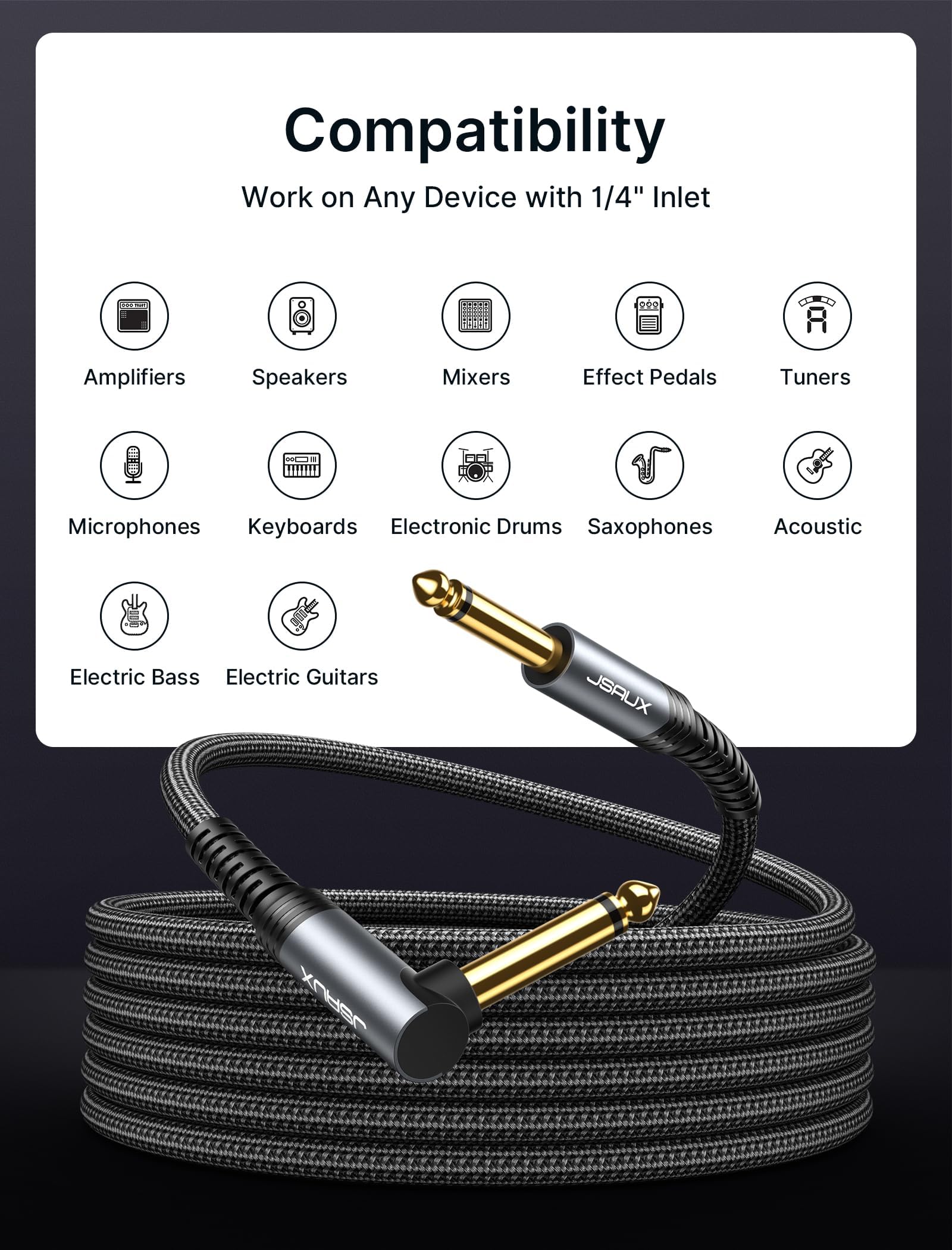 JSAUX 1/4 Inch Guitar Cable 10FT, Guitar Cord Compatible with Electric Guitar, Bass, Drums, Pedals, Amplifiers, Preamps, Mixers, Tuners, Speakers, Acoustic, Right Angle Guitar Cable Grey - Image 4