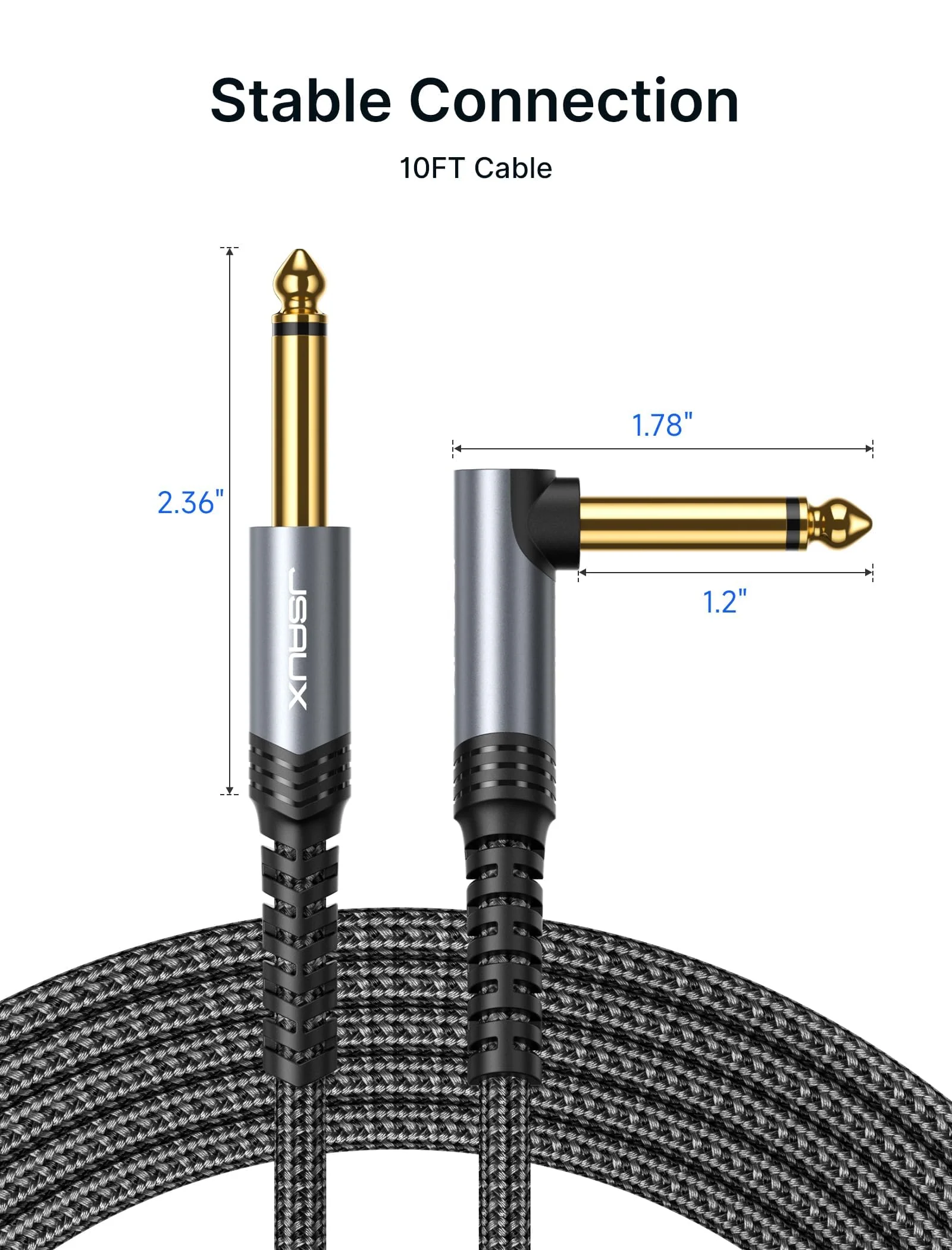 JSAUX 1/4 Inch Guitar Cable 10FT, Guitar Cord Compatible with Electric Guitar, Bass, Drums, Pedals, Amplifiers, Preamps, Mixers, Tuners, Speakers, Acoustic, Right Angle Guitar Cable Grey - Image 6