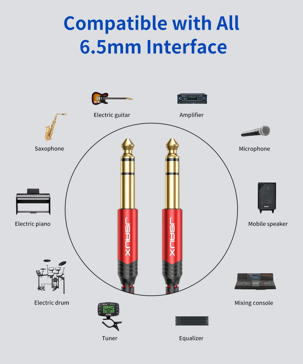 JSAUX 1/4 Inch Guitar Instrument Cable 20FT, 6.35mm (1/4) TRS to 6.35mm (1/4) TRS Stereo Audio Cable Male to Male Straight-to-Straight for Electric Guitar, bass Guitar, Electric Mandolin-Red Red-Straight - Image 6