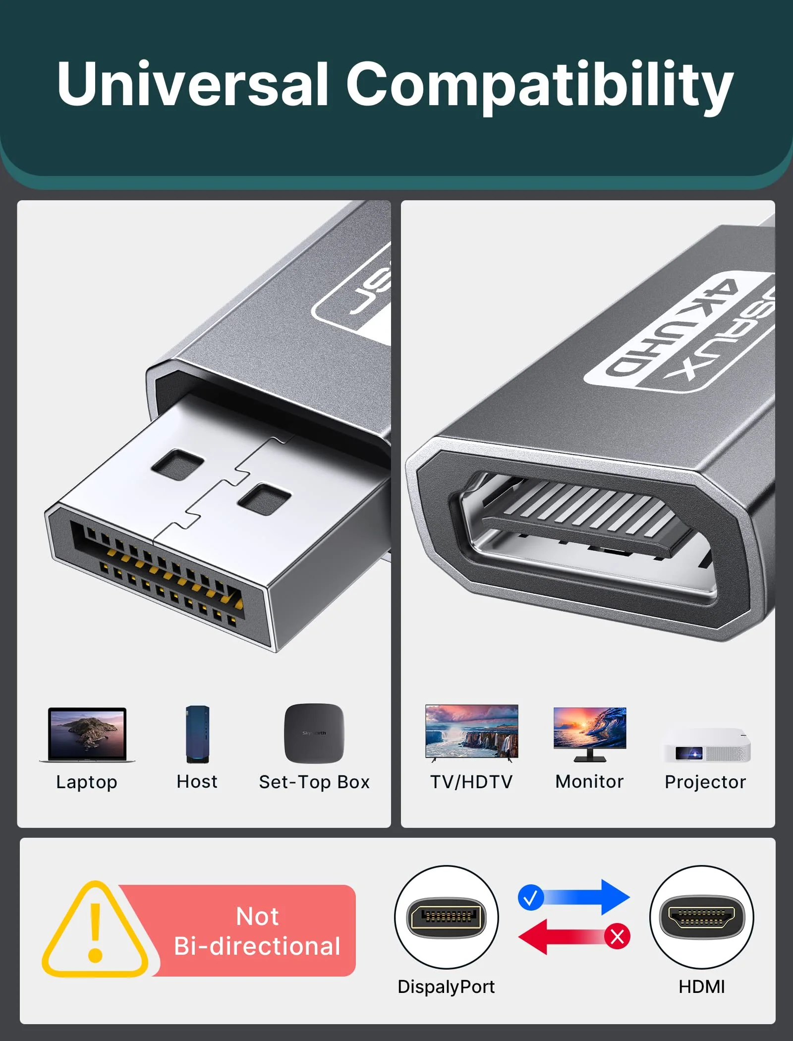 JSAUX 4K DisplayPort to HDMI Adapter, DP PC to HDMI Monitor Converter Video UHD 2K@120Hz,4K@30 DP to HDTV Male to Female Uni-Directional Adapter Compatible for Dell, Lenovo, HP,GPU, AMD -Grey 1Pack Grey - Image 7