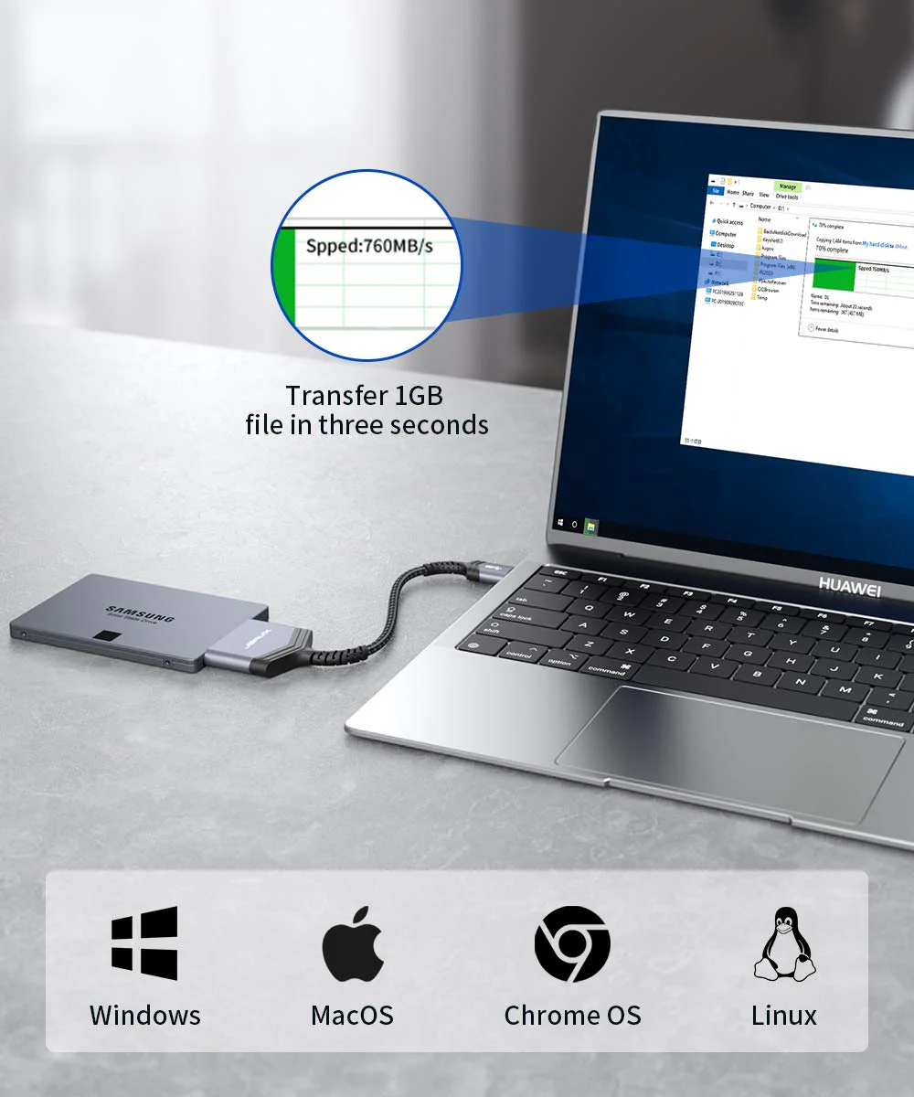 JSAUX SATA to USB A Cable, USB A 3.0 to 2.5” SATA III Hard Drive Adapter Aluminum Shell Nylon Cord External Converter for SSD/HDD Data Transfer-Grey USB 3.0-SATA Grey - Image 4