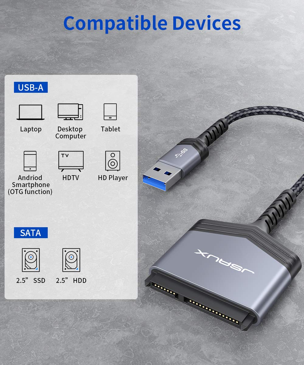 JSAUX SATA to USB A Cable, USB A 3.0 to 2.5” SATA III Hard Drive Adapter Aluminum Shell Nylon Cord External Converter for SSD/HDD Data Transfer-Grey USB 3.0-SATA Grey - Image 6