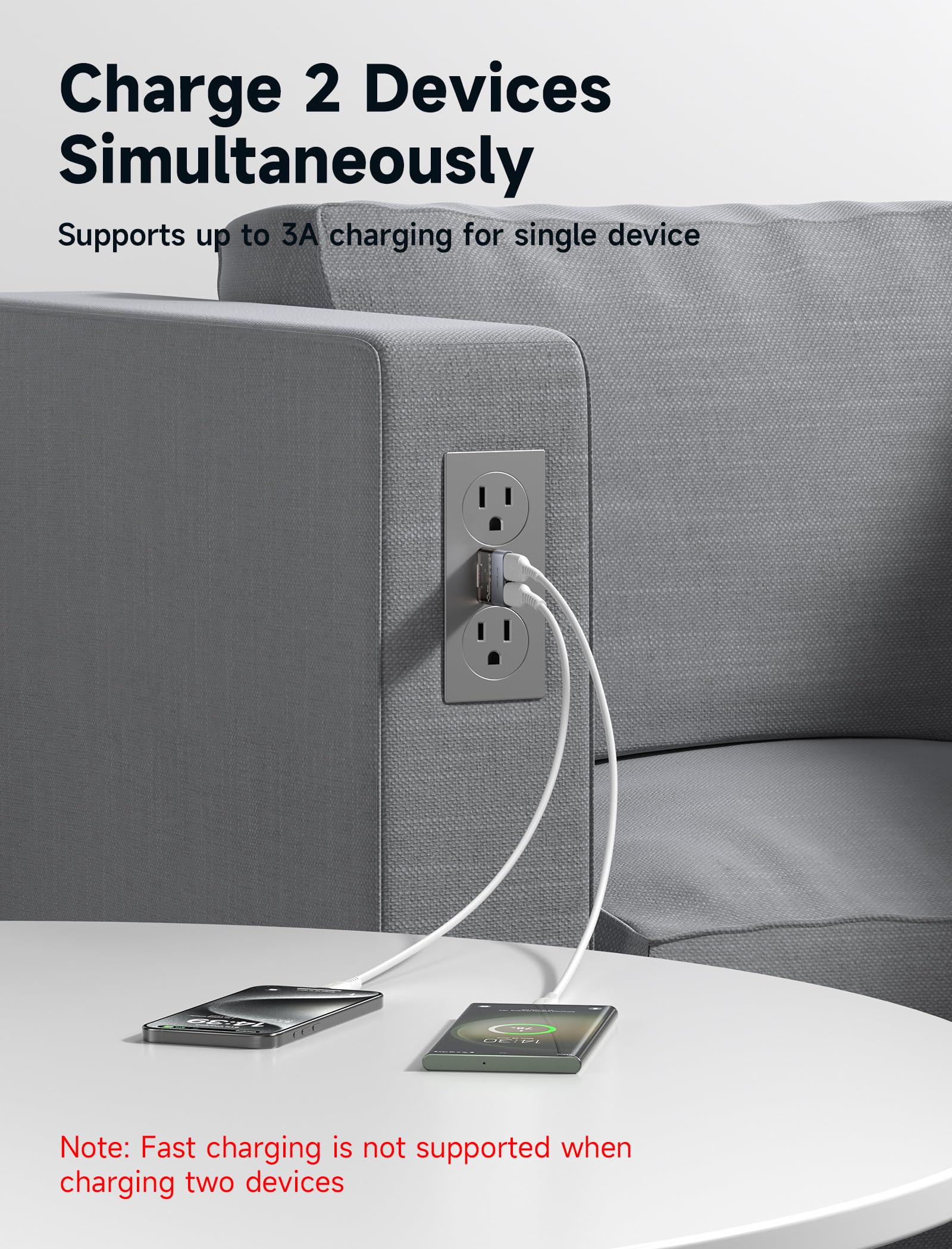 JSAUX USB Data Blocker(2-Pack), Transparent 2-in-1 USB-A Male to USB-A & USB-C Female Data Blocker Only for Charge, Protect Against Juice Jacking, Refuse Hacking Provide Safe Charging 2 Pack(2-in-1) Grey - Image 2