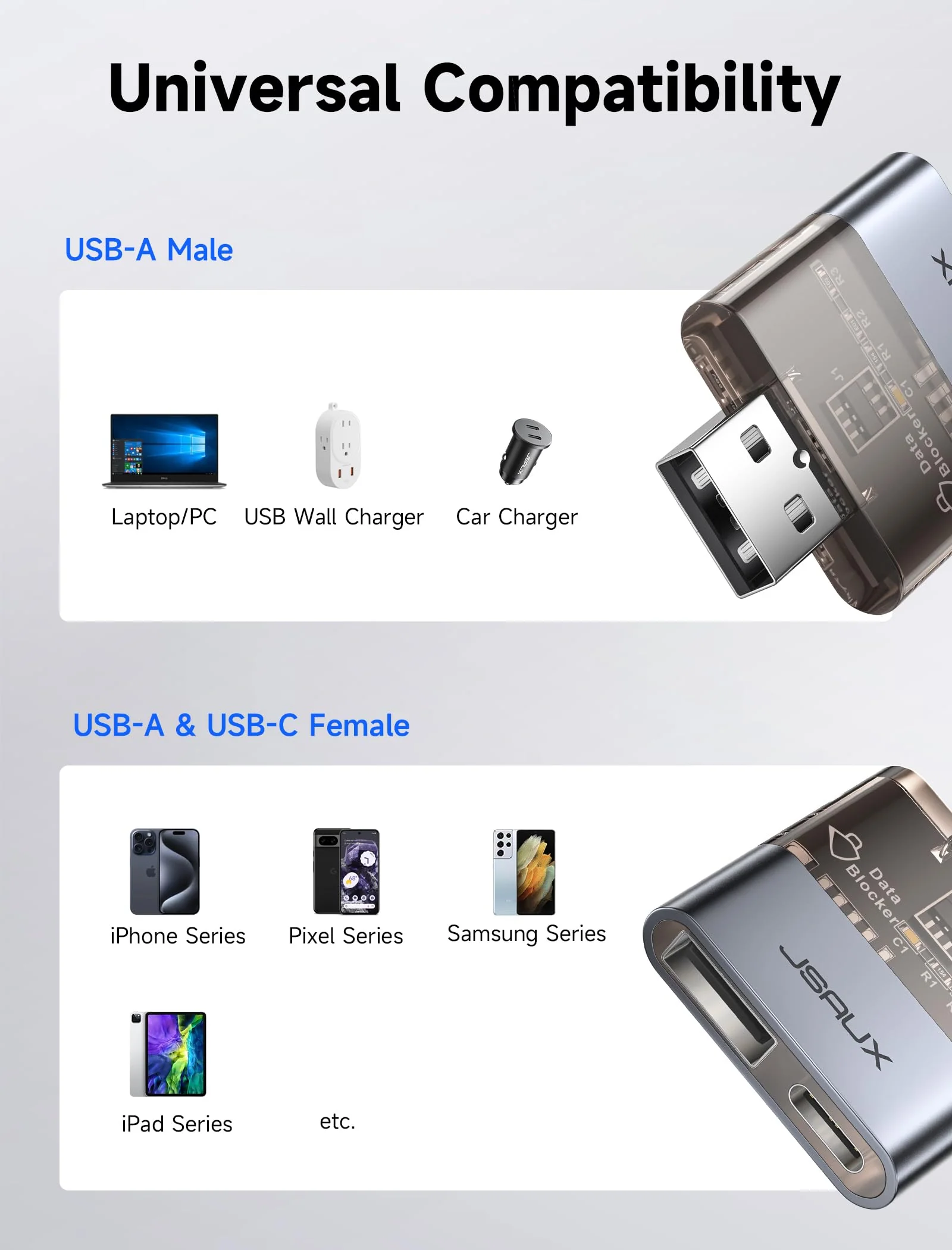 JSAUX USB Data Blocker(2-Pack), Transparent 2-in-1 USB-A Male to USB-A & USB-C Female Data Blocker Only for Charge, Protect Against Juice Jacking, Refuse Hacking Provide Safe Charging 2 Pack(2-in-1) Grey - Image 7
