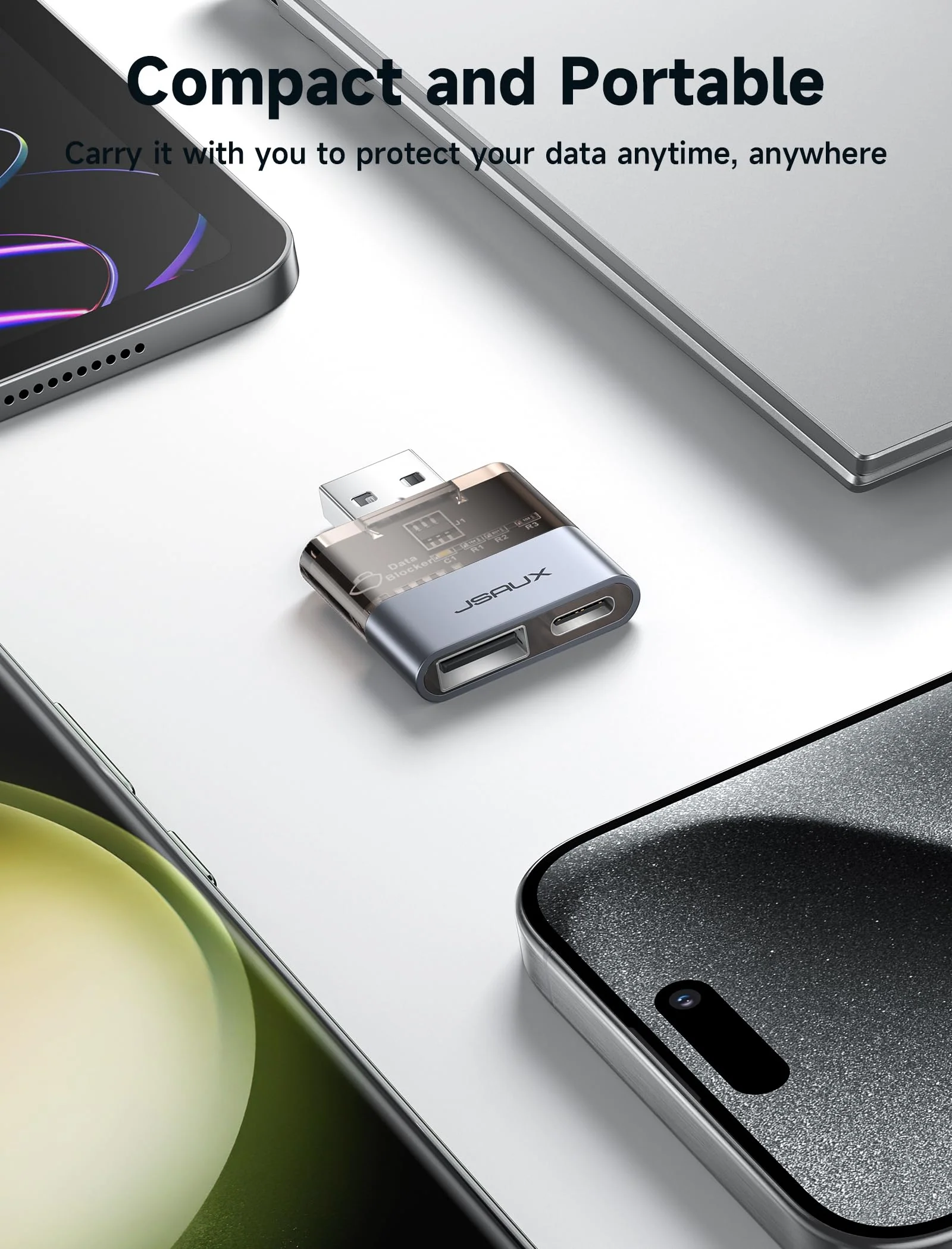 JSAUX USB Data Blocker(2-Pack), Transparent 2-in-1 USB-A Male to USB-A & USB-C Female Data Blocker Only for Charge, Protect Against Juice Jacking, Refuse Hacking Provide Safe Charging 2 Pack(2-in-1) Grey - Image 8