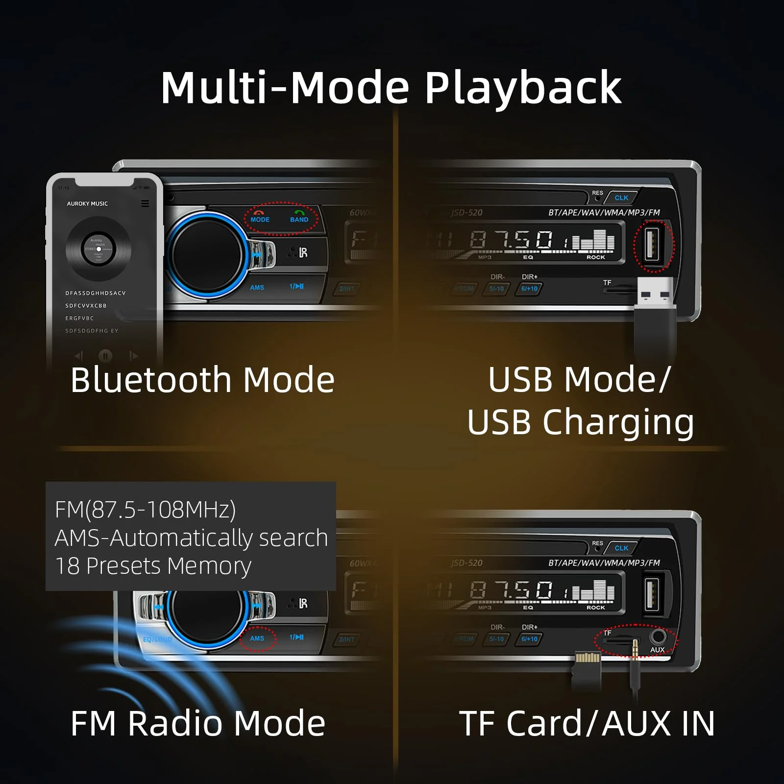 JSD-520 Car Stereo Audio Single Din Bluetooth Handsfree FM Radio Receiver USB Charging/MP3/AUX/TF, No CD Player - Image 2