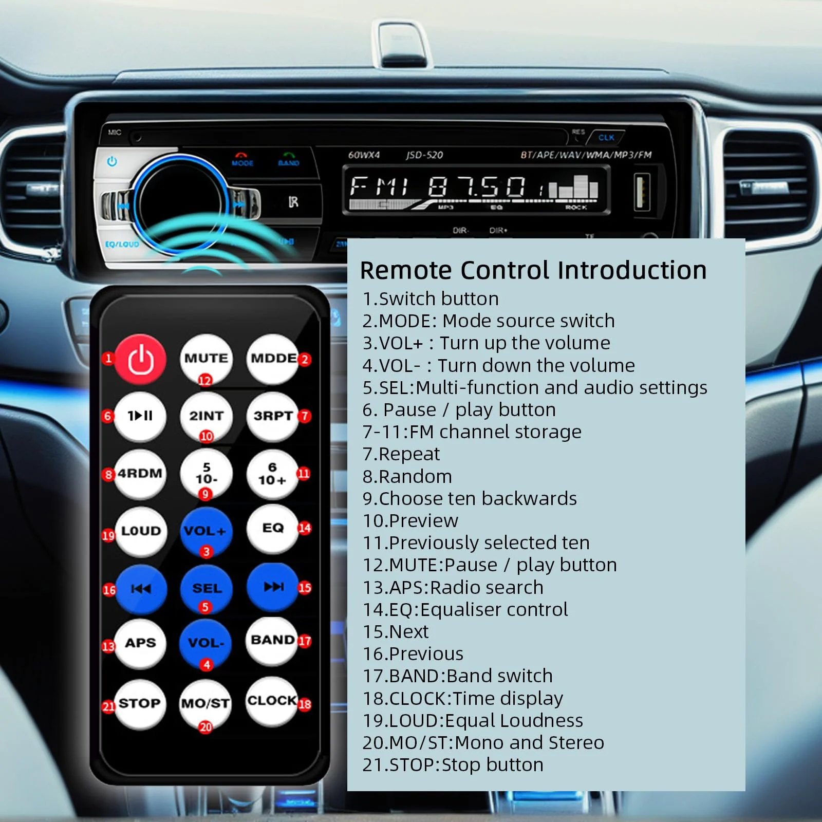 JSD-520 Car Stereo Audio Single Din Bluetooth Handsfree FM Radio Receiver USB Charging/MP3/AUX/TF, No CD Player - Image 5