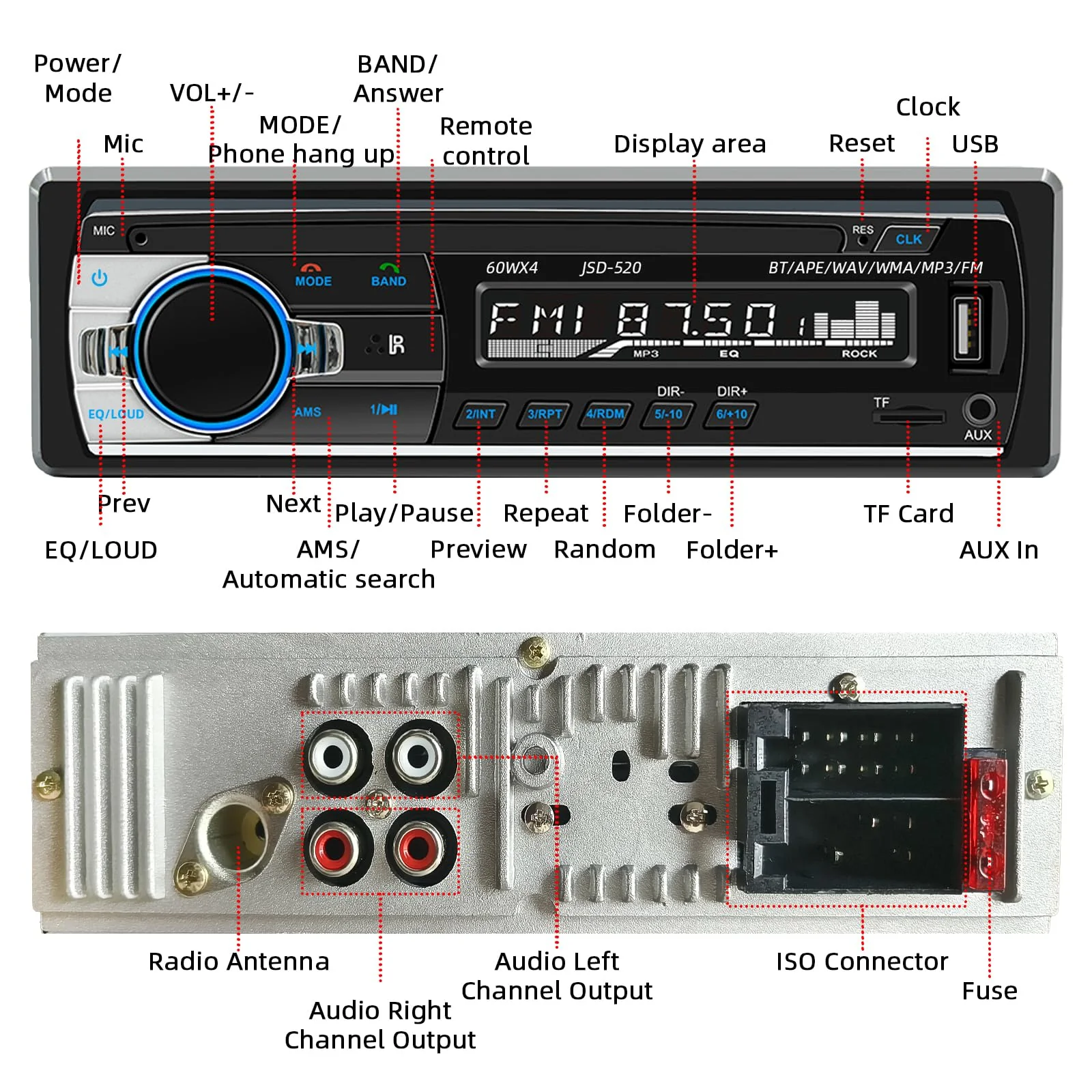 JSD-520 Car Stereo Audio Single Din Bluetooth Handsfree FM Radio Receiver USB Charging/MP3/AUX/TF, No CD Player - Image 6
