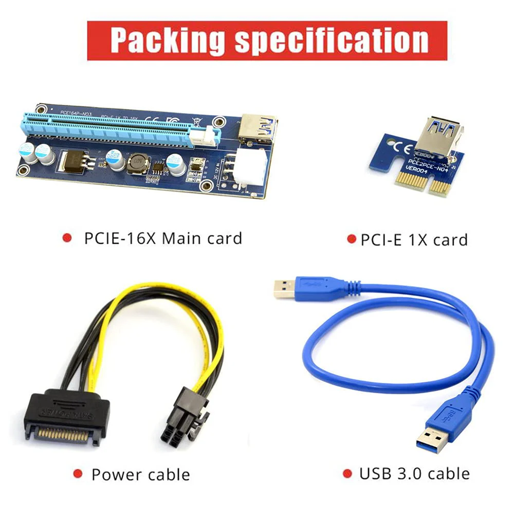JSER PCI-E 1x to 16x Mining Machine Enhanced Extender Riser Adapter with USB 3.0 & 6Pin Power Cable - Image 4