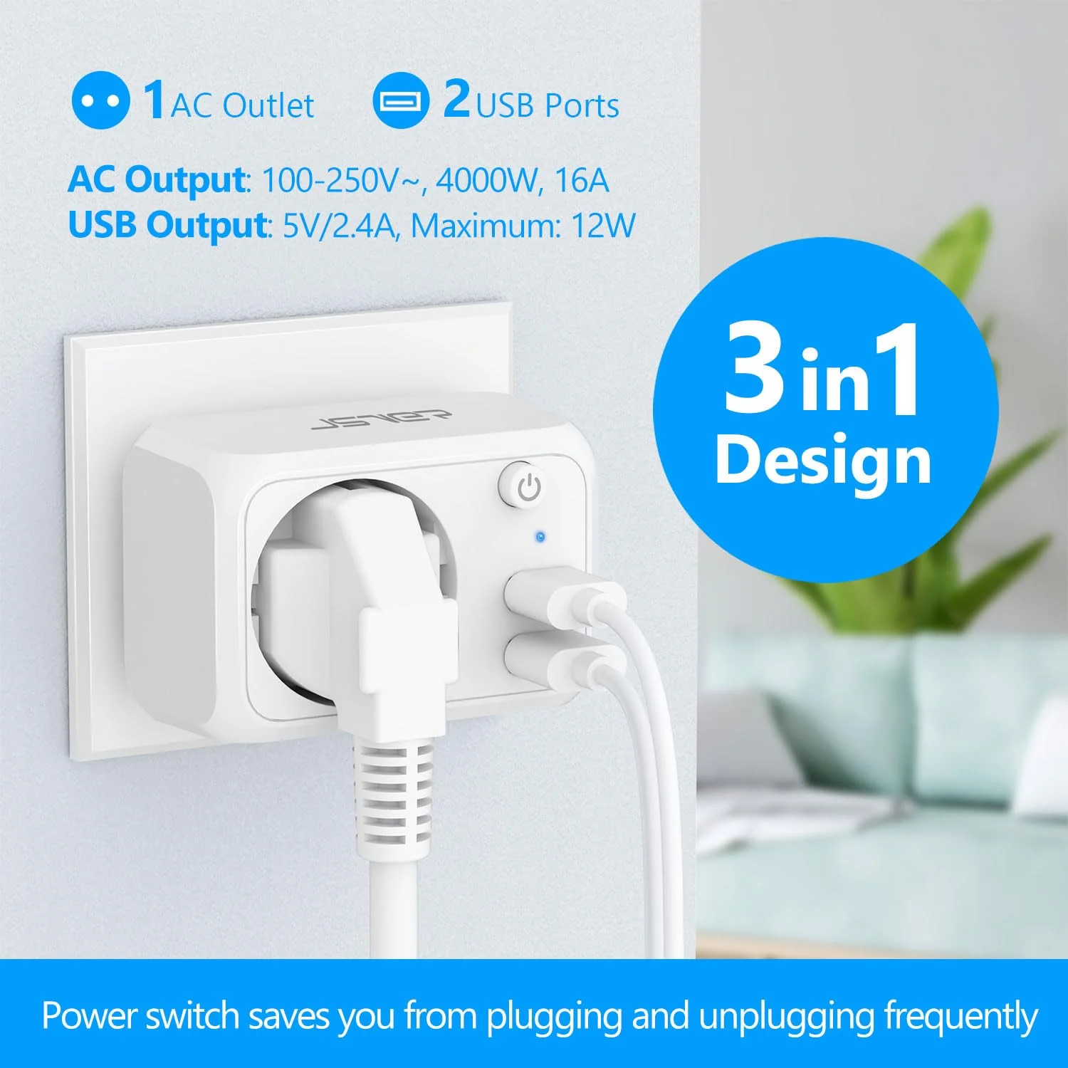JSVER USB Socket 4000 W with 2 USB Ports, Socket Adapter USB Adapter Socket Schuko Plug with USB Charger, Charging Plug USB with Switch for Phone and Household Appliances, White - Image 2