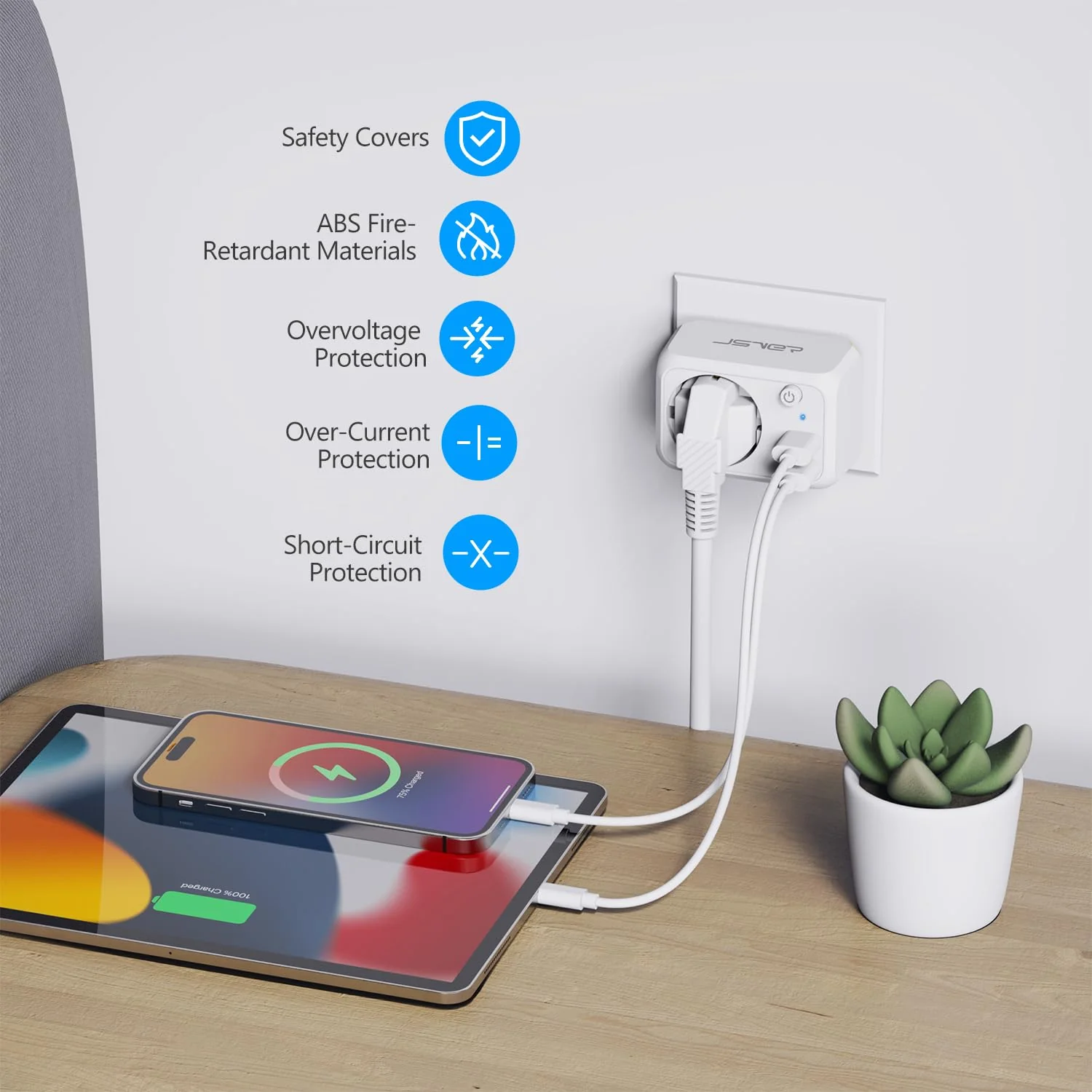 JSVER USB Socket 4000 W with 2 USB Ports, Socket Adapter USB Adapter Socket Schuko Plug with USB Charger, Charging Plug USB with Switch for Phone and Household Appliances, White - Image 4
