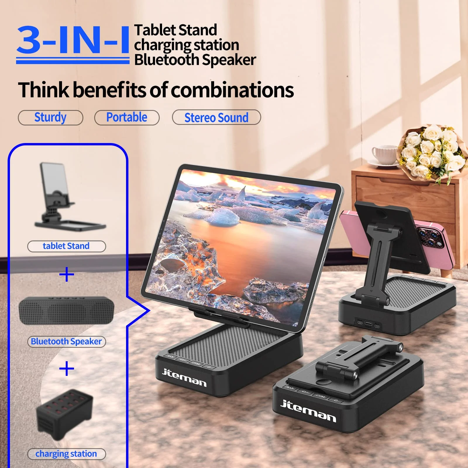 JTEMAN Tablet Stand Adjustable with Bluetooth Speakers,Kitchen Gadgets,Gifts for Women Men,Wireless Bluetooth Speaker Tablet Holder,Desk Mic Charging Sation Compatible with Phones and Tablet Silver Black - Image 2