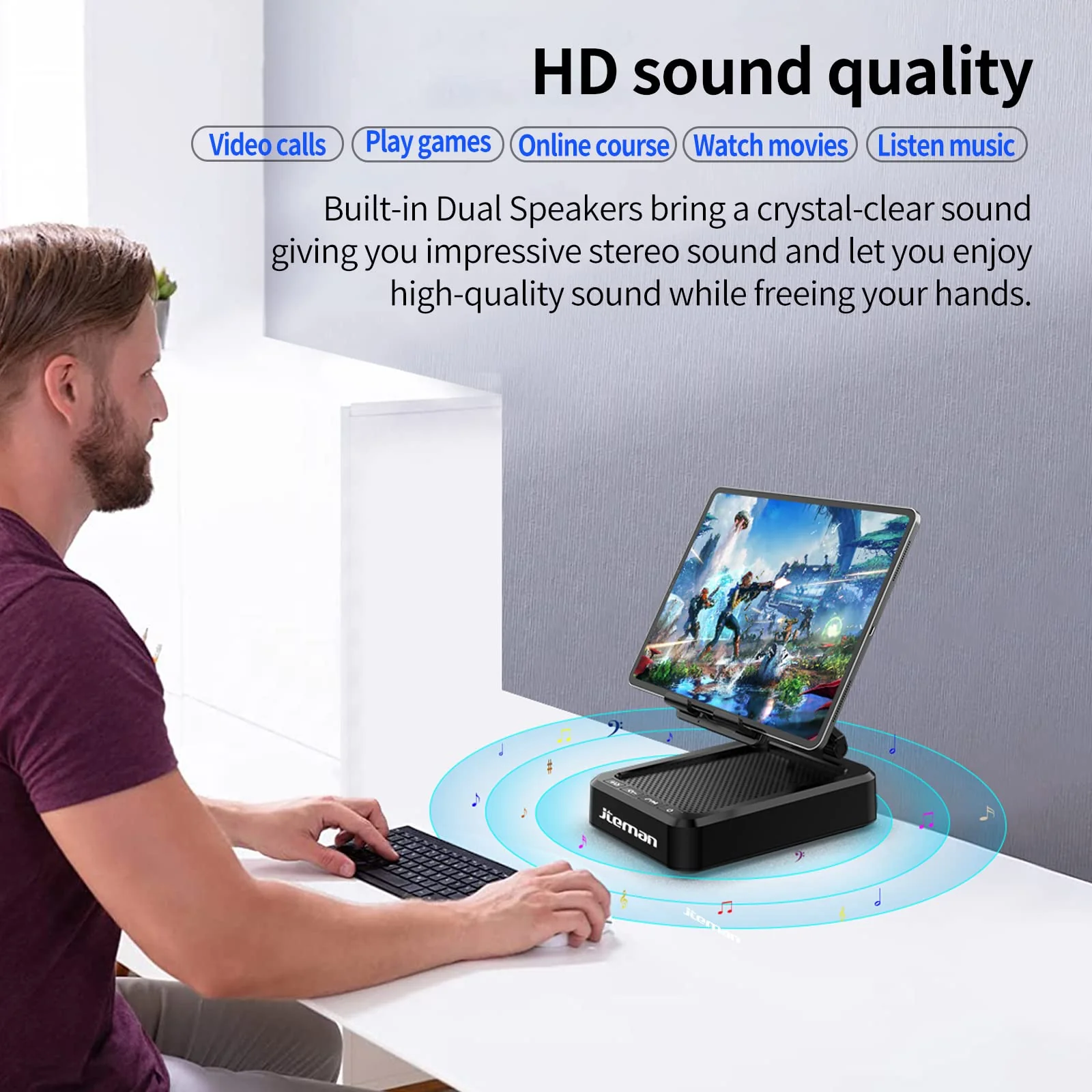 JTEMAN Tablet Stand Adjustable with Bluetooth Speakers,Kitchen Gadgets,Gifts for Women Men,Wireless Bluetooth Speaker Tablet Holder,Desk Mic Charging Sation Compatible with Phones and Tablet Silver Black - Image 3