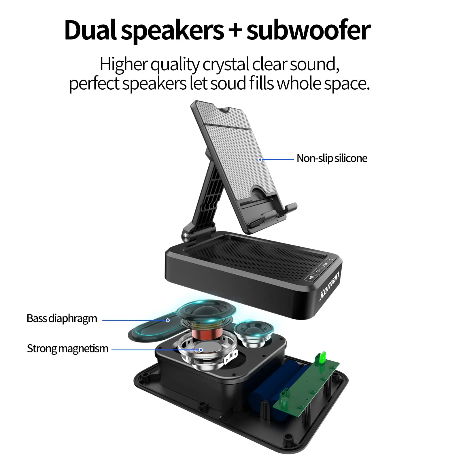 JTEMAN Tablet Stand Adjustable with Bluetooth Speakers,Kitchen Gadgets,Gifts for Women Men,Wireless Bluetooth Speaker Tablet Holder,Desk Mic Charging Sation Compatible with Phones and Tablet Silver Black - Image 6