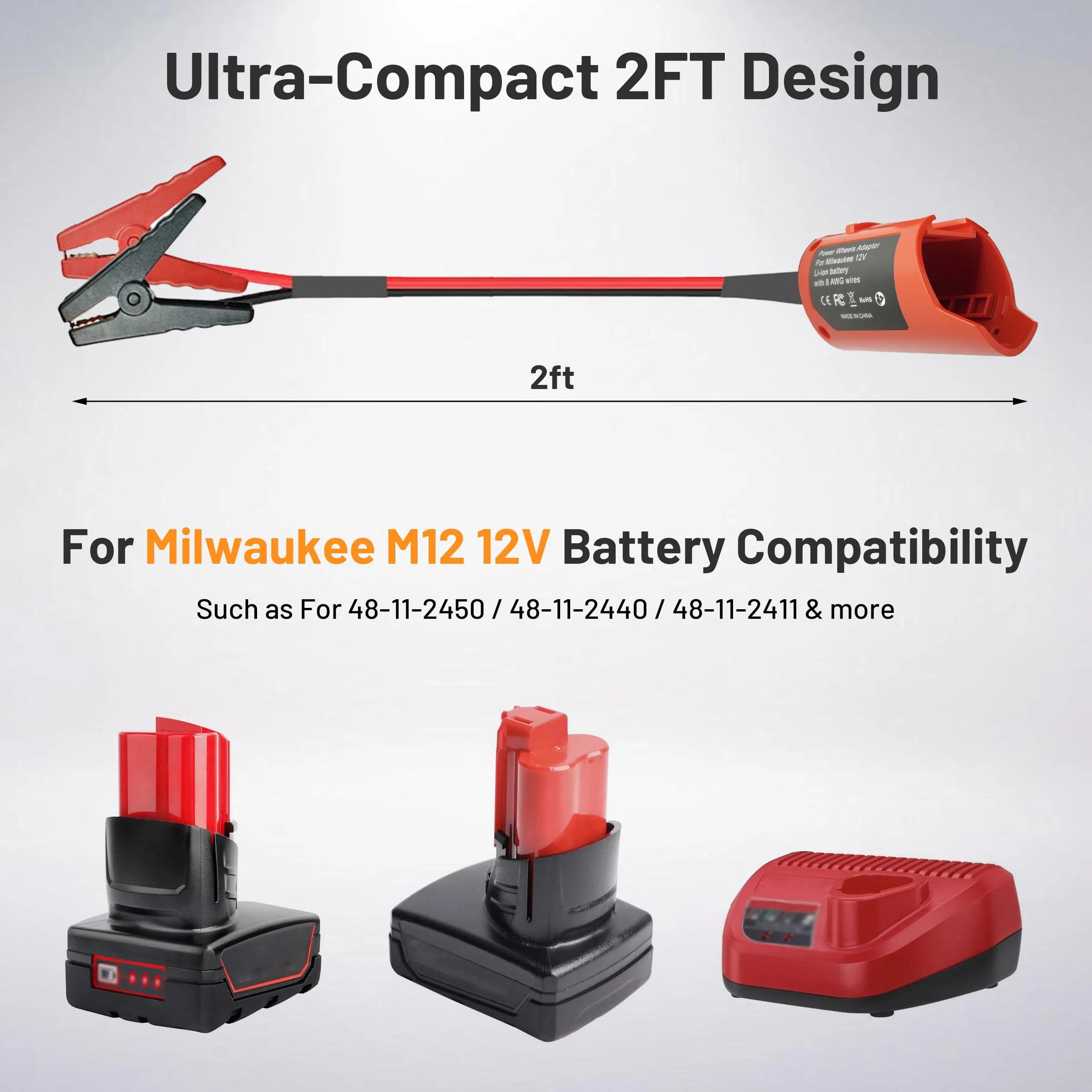 Jumper Cables Adapter for Milwaukee M12 12V Battery, 2FT 8AWG Portable Car Jump Starter Booster Cables, Automotive Emergency Power Tool for Car Truck SUV Jump Starting Using Tool (2FT 8AWG) - Image 4
