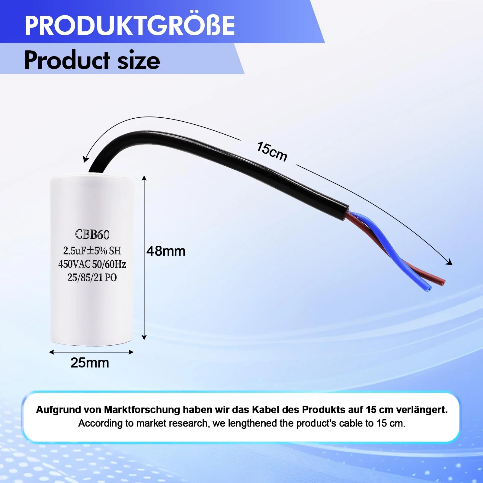 JUNUNDJING CBB60 450V 2.5uF 50/60HZ Starting Capacitor with 15 cm Extension Wire, Motor Operating Capacitor, AC Motor Capacitor, for Household Appliances such as Electric Motors and Air Conditioners - Image 2