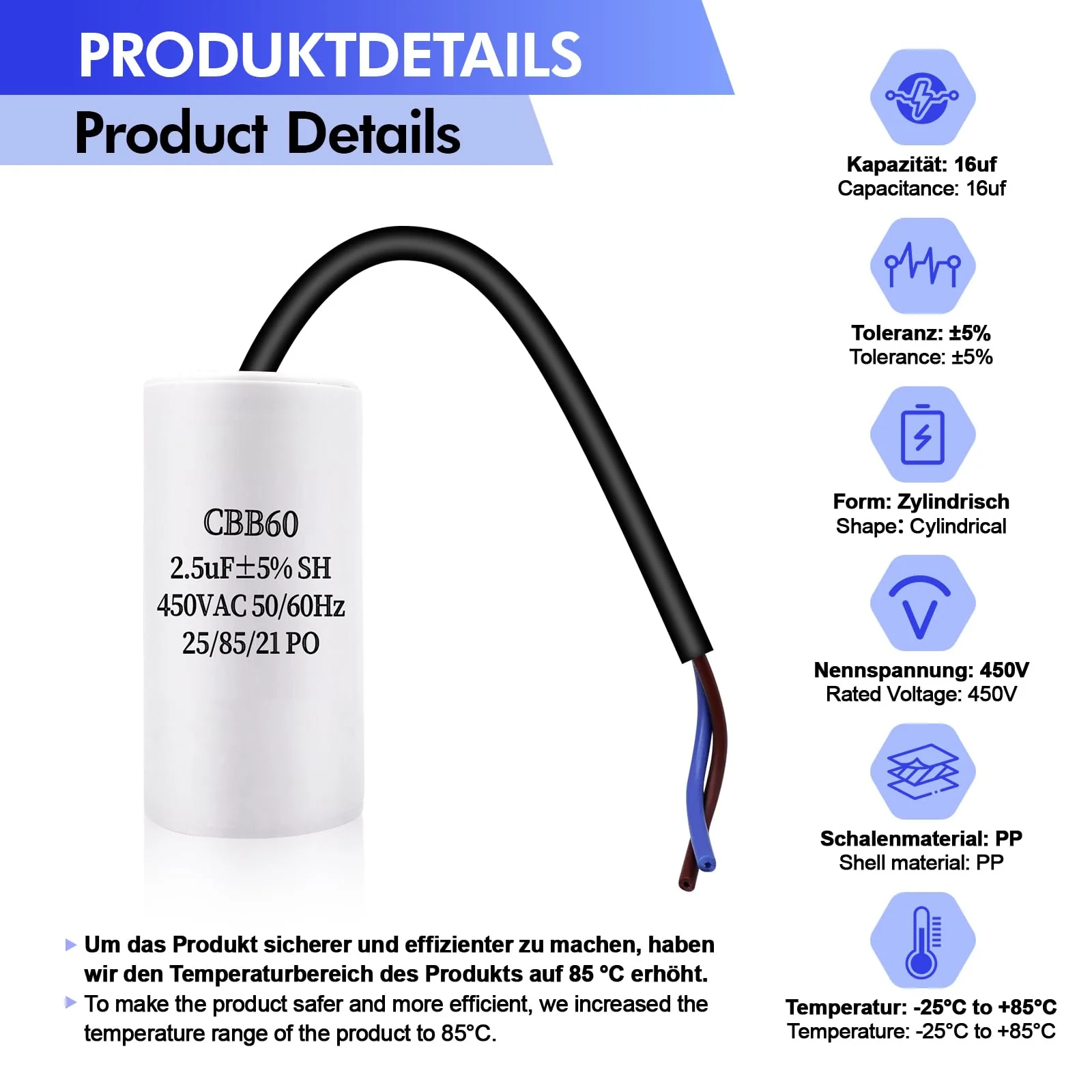 JUNUNDJING CBB60 450V 2.5uF 50/60HZ Starting Capacitor with 15 cm Extension Wire, Motor Operating Capacitor, AC Motor Capacitor, for Household Appliances such as Electric Motors and Air Conditioners - Image 3