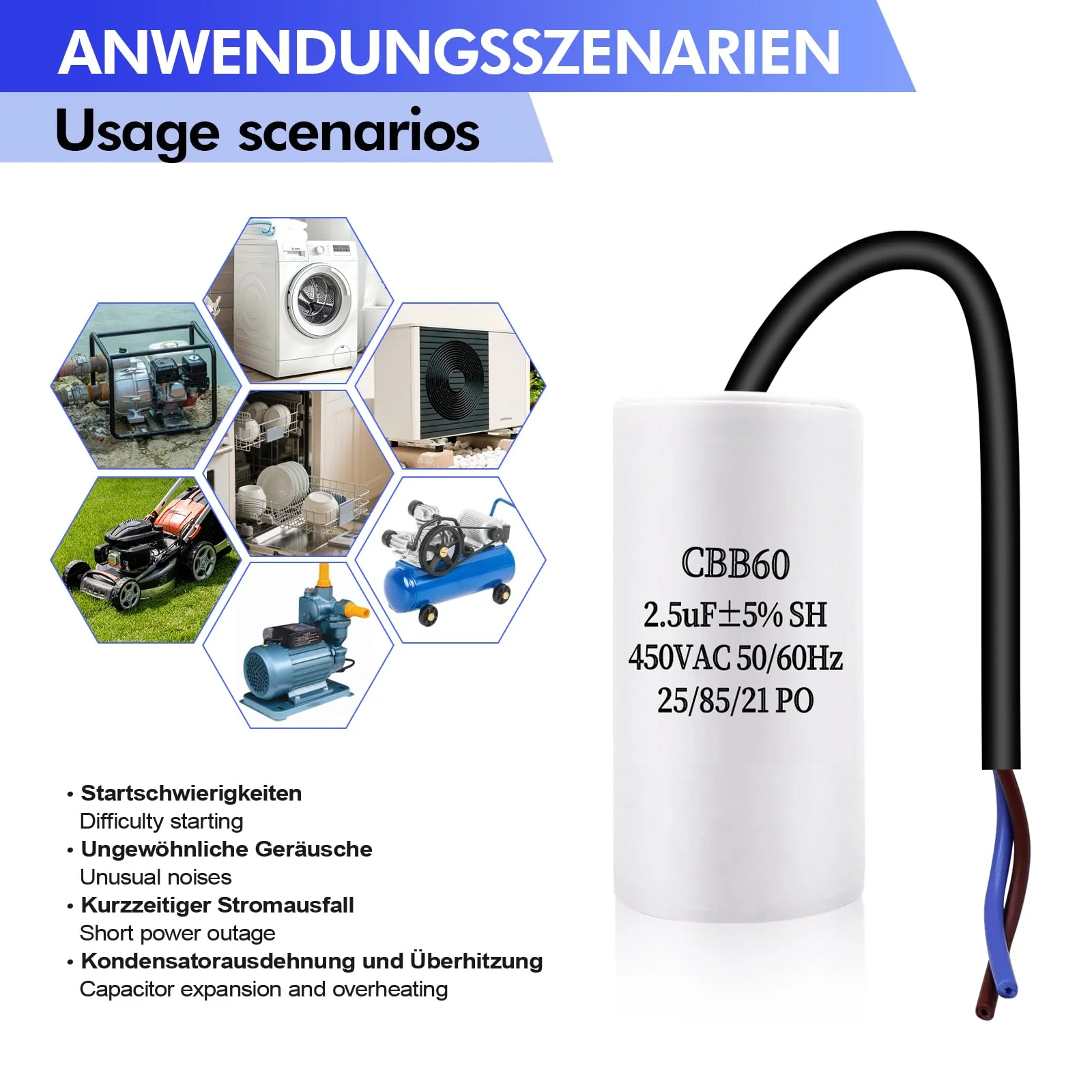 JUNUNDJING CBB60 450V 2.5uF 50/60HZ Starting Capacitor with 15 cm Extension Wire, Motor Operating Capacitor, AC Motor Capacitor, for Household Appliances such as Electric Motors and Air Conditioners - Image 6