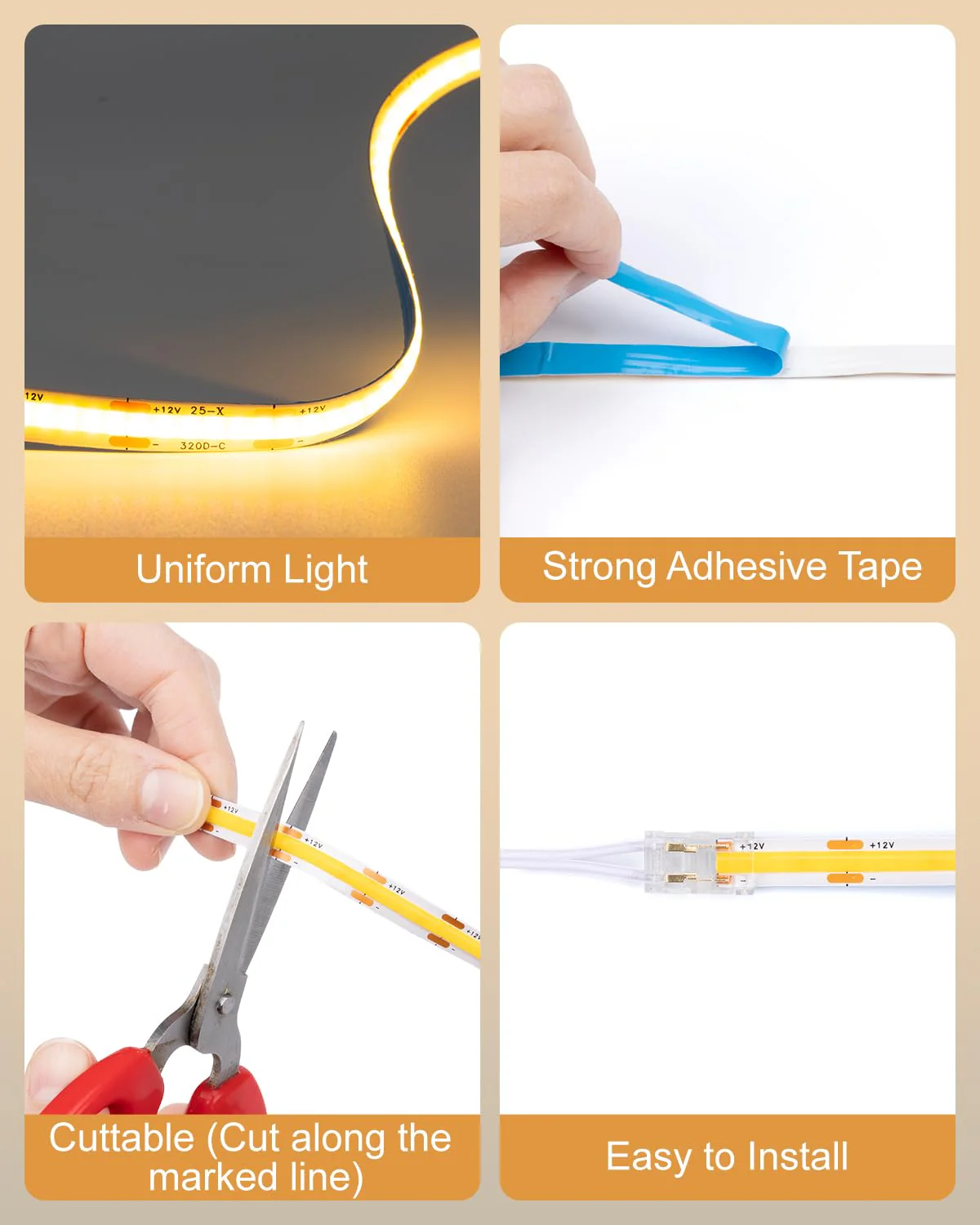 JUSJUBR LED Shelf Lights, 16.4ft Dimmable Cuttable COB LED Strip Lights, Warm White 3000K, Under Shelf Lighting for Bookshelf, Display Cabinet, Closet, Kitchen and Pantry - Image 4