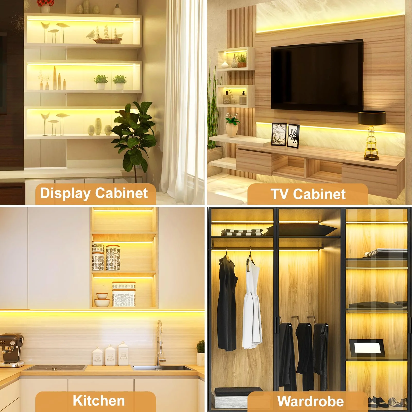 JUSJUBR LED Shelf Lights, 16.4ft Dimmable Cuttable COB LED Strip Lights, Warm White 3000K, Under Shelf Lighting for Bookshelf, Display Cabinet, Closet, Kitchen and Pantry - Image 7