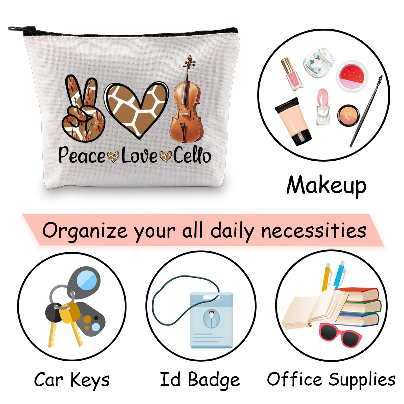 JXGZSO Musician Gift Cello Instrument Makeup Bag Peace Love Cello Toiletry Bag With Zipper Cello Lover Gift - Image 5