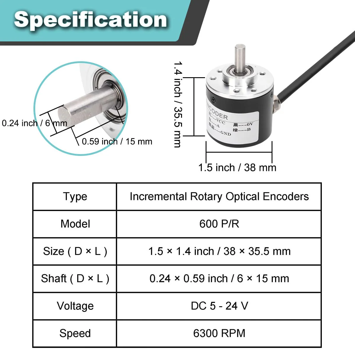 JYUDAUFU Incremental Rotary Encoder, DC 5-24V 600P/R AB 2 Phase Quadrature Optical Encoder, NPN Output with Program Test Accessories, for Radio, Button Module, Wheel Speed Sensor, Mouse Wheel - Image 2