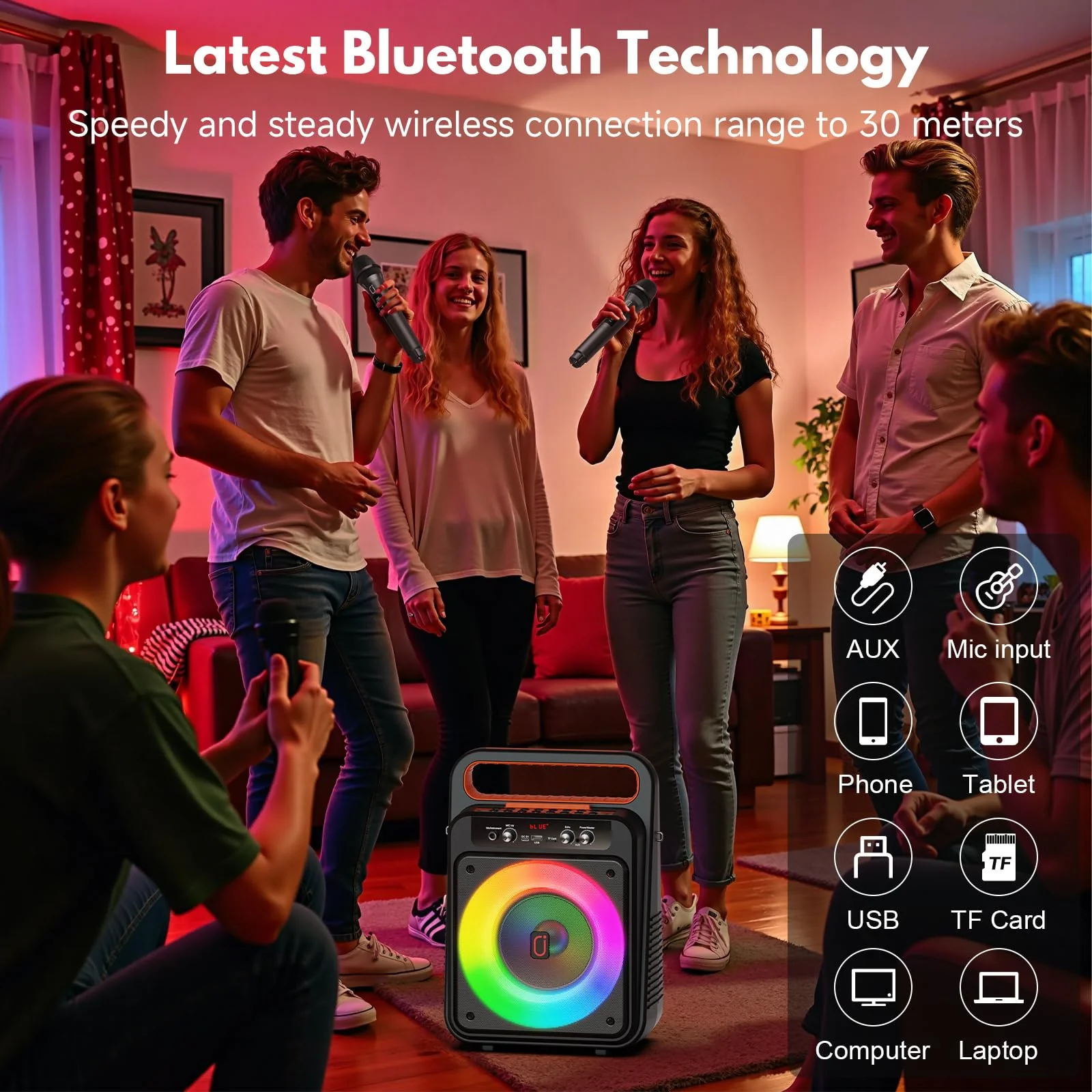 JYX Karaoke Machine with 2 Wireless Microphones, Portable Bluetooth Karaoke Speaker for Adults, PA System Speaker with LED Lights Support REC/USB/AUX/TF for Outdoors Home Party (MS79) MS79 - Image 3