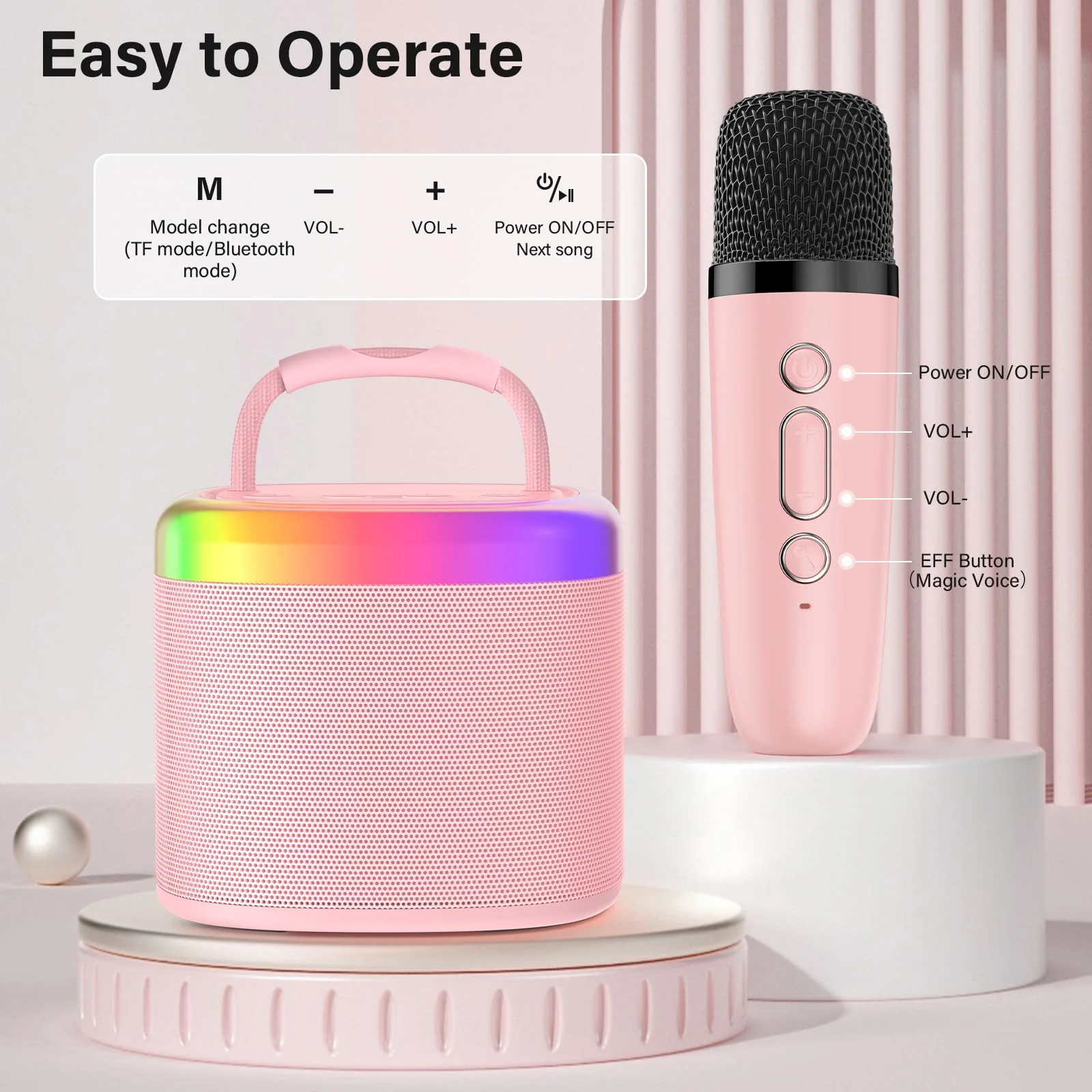 JYX Mini Karaoke Machine for Kids, Portable Bluetooth Karaoke Speaker Unpowered Cabinets with 1 Wireless Microphones and Party Lights and Adults, Birthday Gifts for Girls Boys Family Home Party(Pink) Pink-2Mic - Image 3